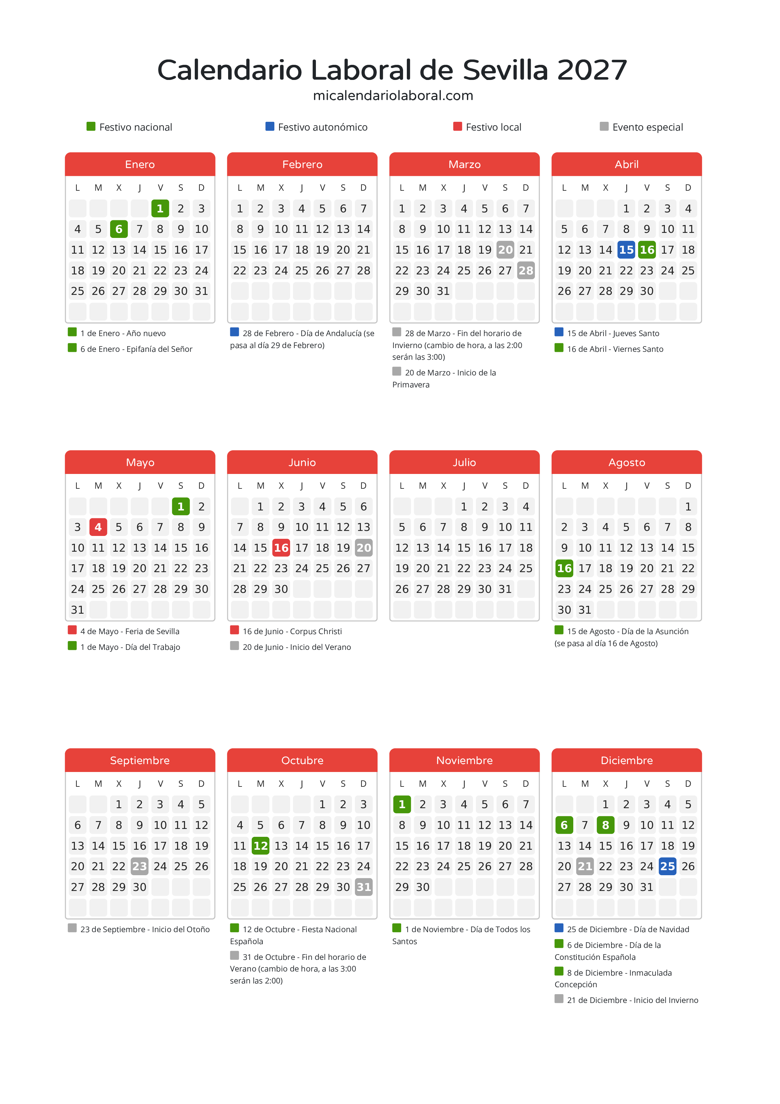 Calendario Laboral de Sevilla 2027 - Días festivos - Descubre todos los festivos, días no laborables y días inhábiles en el calendario de Sevilla propuestos por Junta de Andalucía. Organiza tus vacaciones y puentes en 2027.