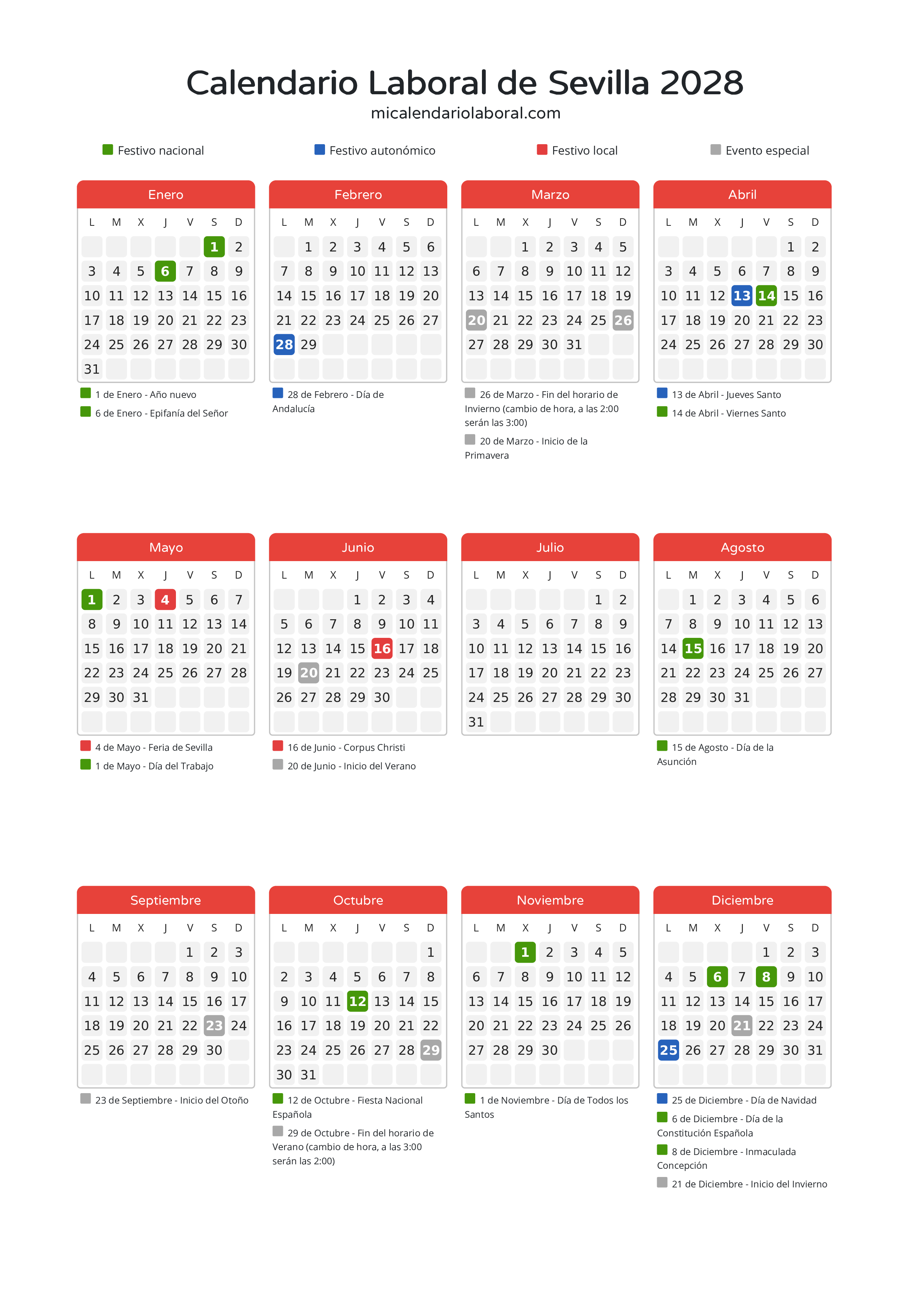 Calendario Laboral de Sevilla 2028 - Días festivos - Descubre todos los festivos, días no laborables y días inhábiles en el calendario de Sevilla propuestos por Junta de Andalucía. Organiza tus vacaciones y puentes en 2028.