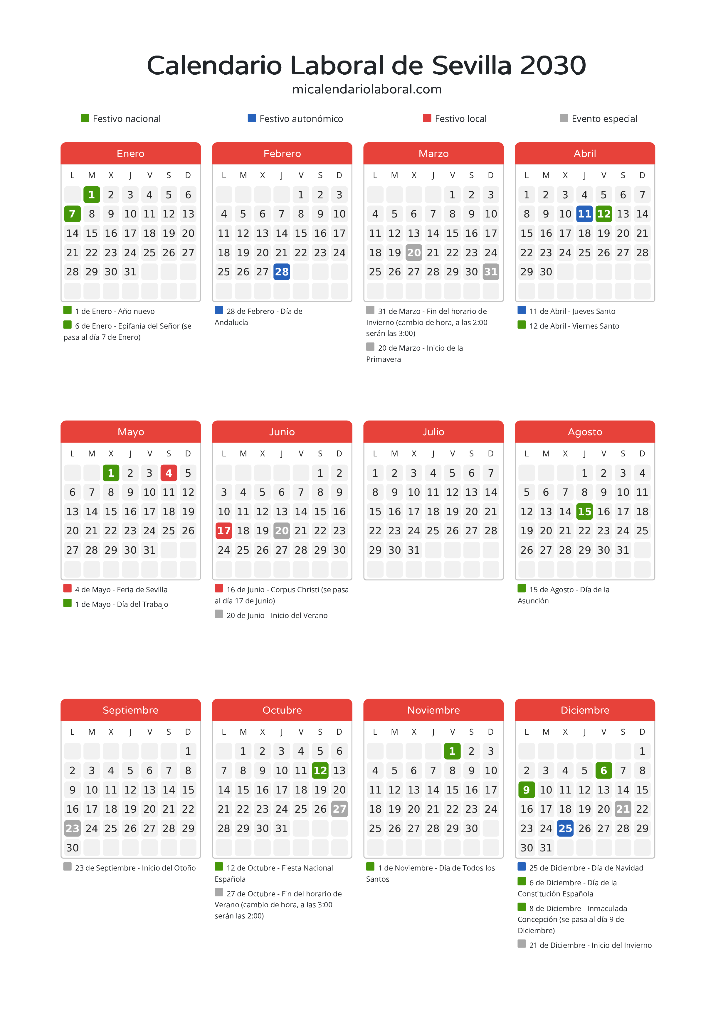 Calendario Laboral de Sevilla 2030 - Días festivos - Todos los festivos y días no laborables del calendario de Sevilla propuestos por Junta de Andalucía. Organiza tus vacaciones y puentes en 2030.
