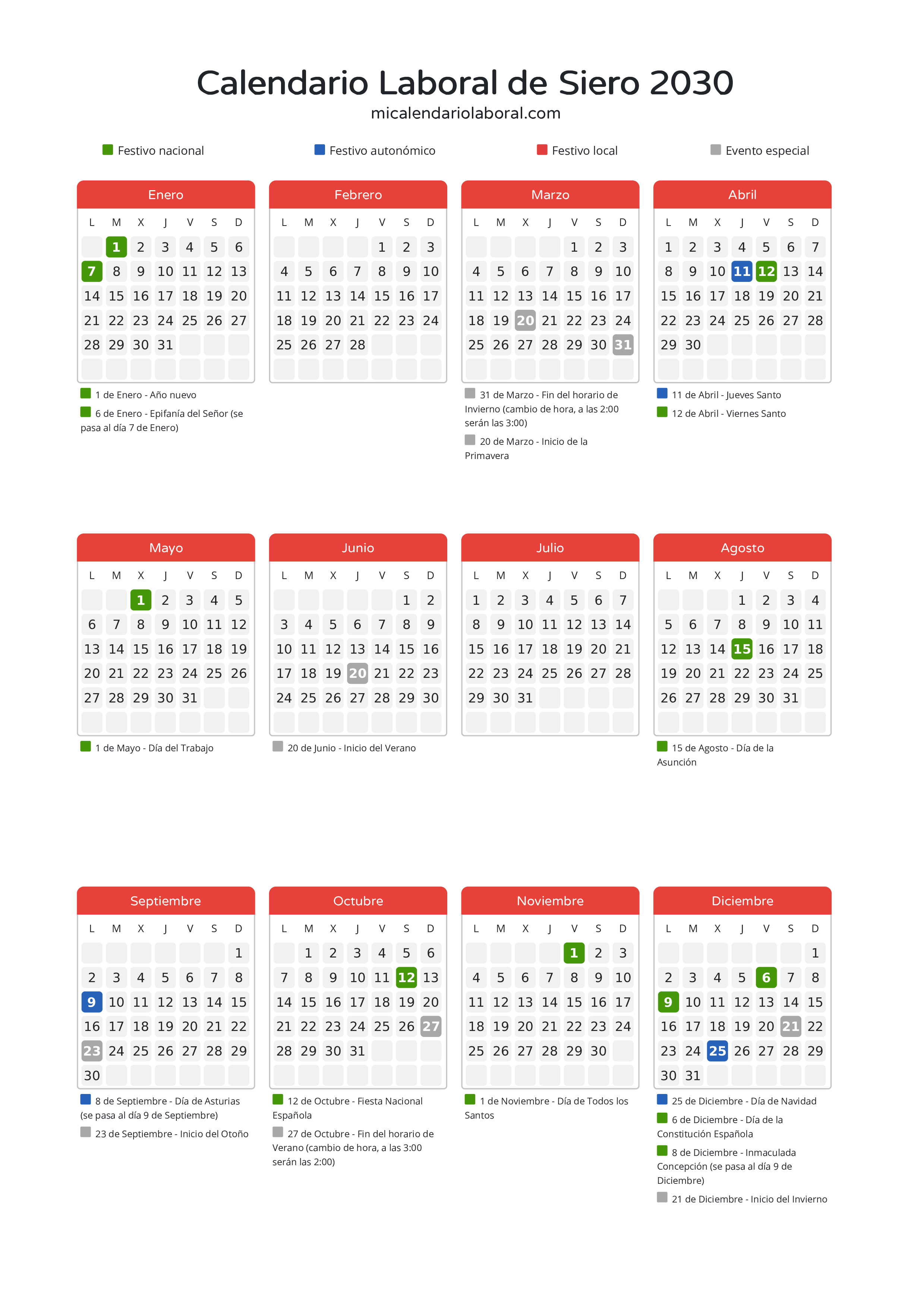 Calendario Laboral de Siero 2030 - Días festivos - Todos los festivos y días no laborables del calendario de Siero propuestos por Gobierno del Principado de Asturias. Organiza tus vacaciones y puentes en 2030.