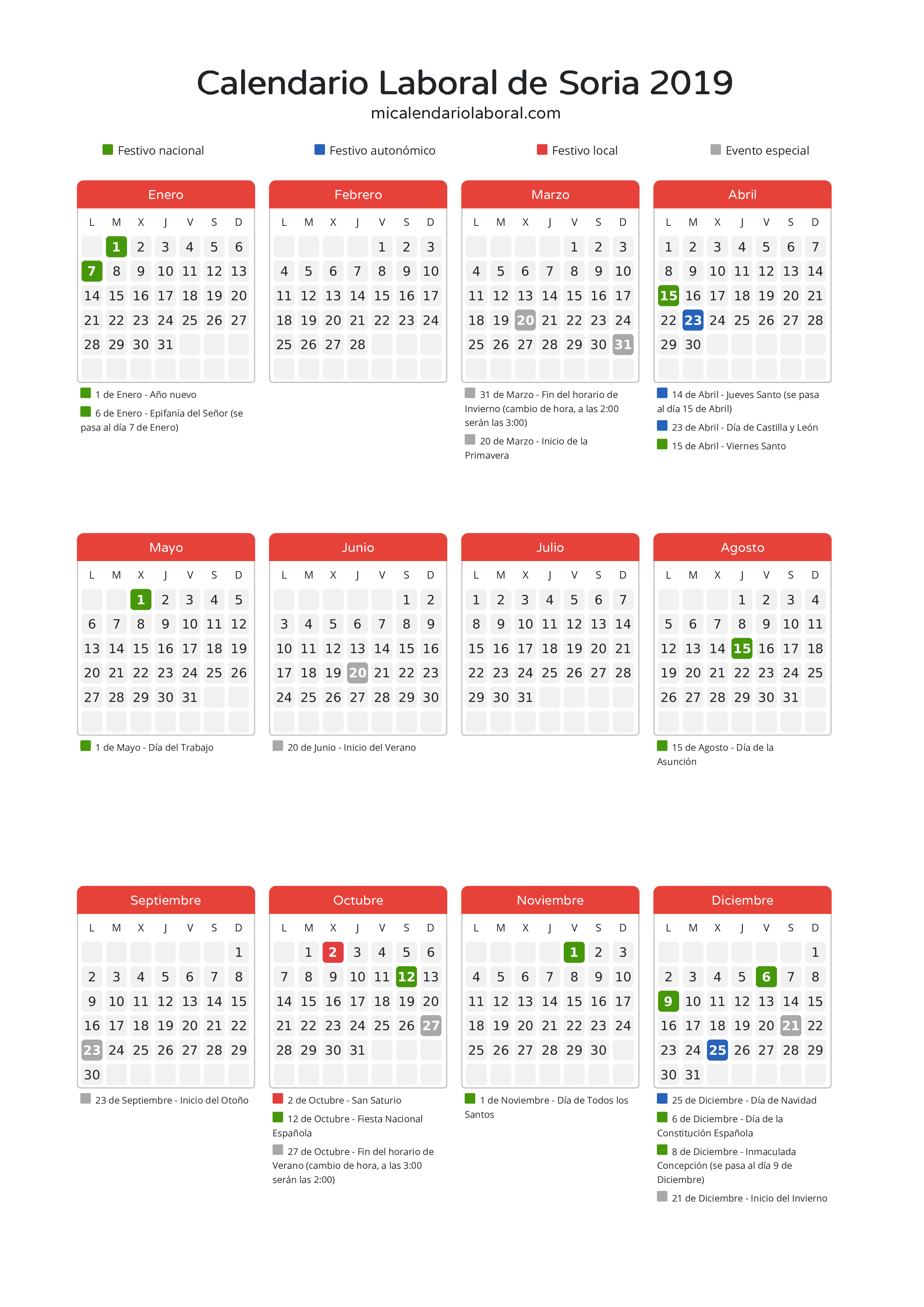 Calendario Laboral de Soria 2019 - Días festivos - Descubre todos los festivos, días no laborables y días inhábiles en el calendario de Soria propuestos por Junta de Castilla y León. Organiza tus vacaciones y puentes en 2019.