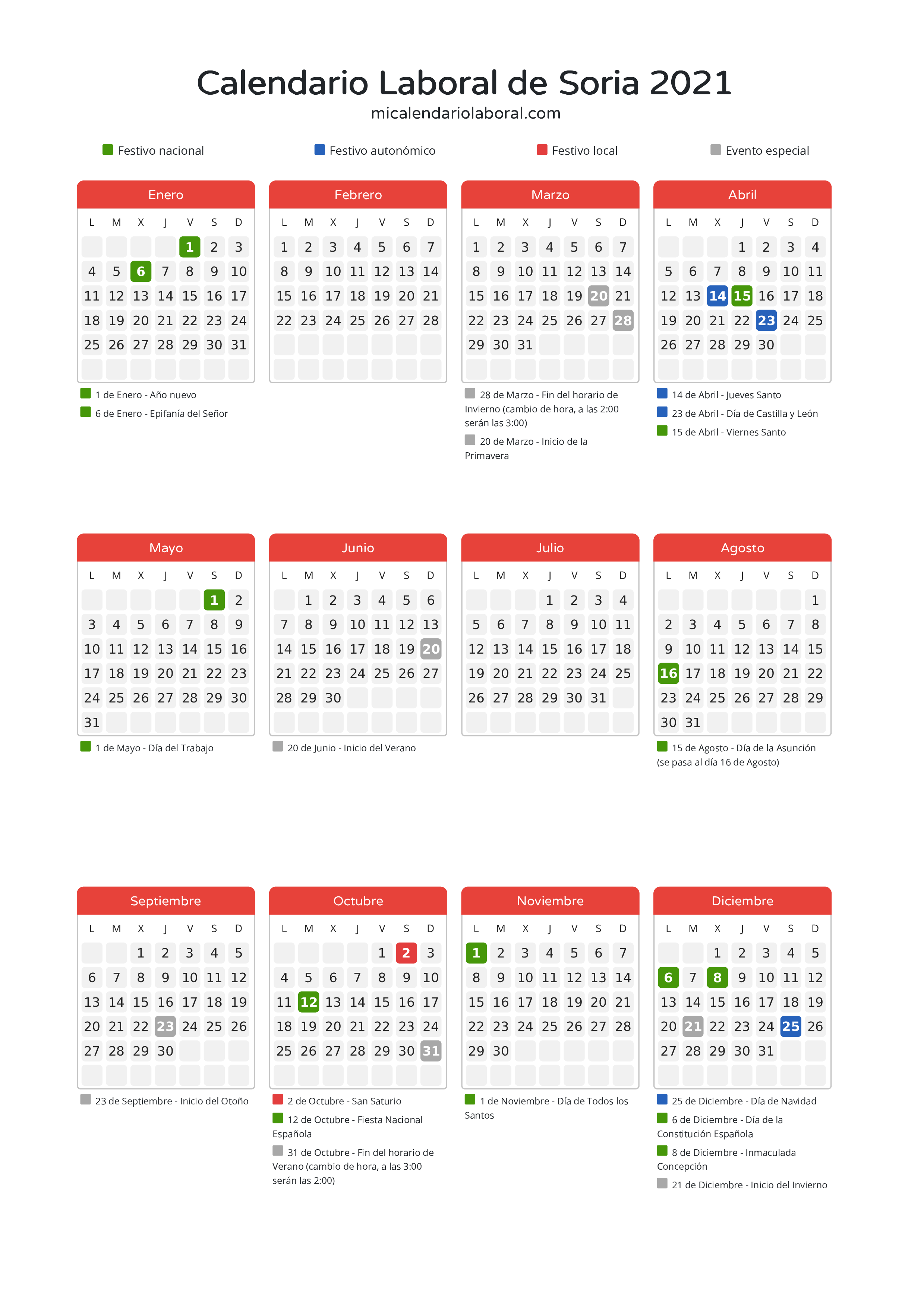 Calendario Laboral de Soria 2021 - Días festivos - Descubre todos los festivos, días no laborables y días inhábiles en el calendario de Soria propuestos por Junta de Castilla y León. Organiza tus vacaciones y puentes en 2021.