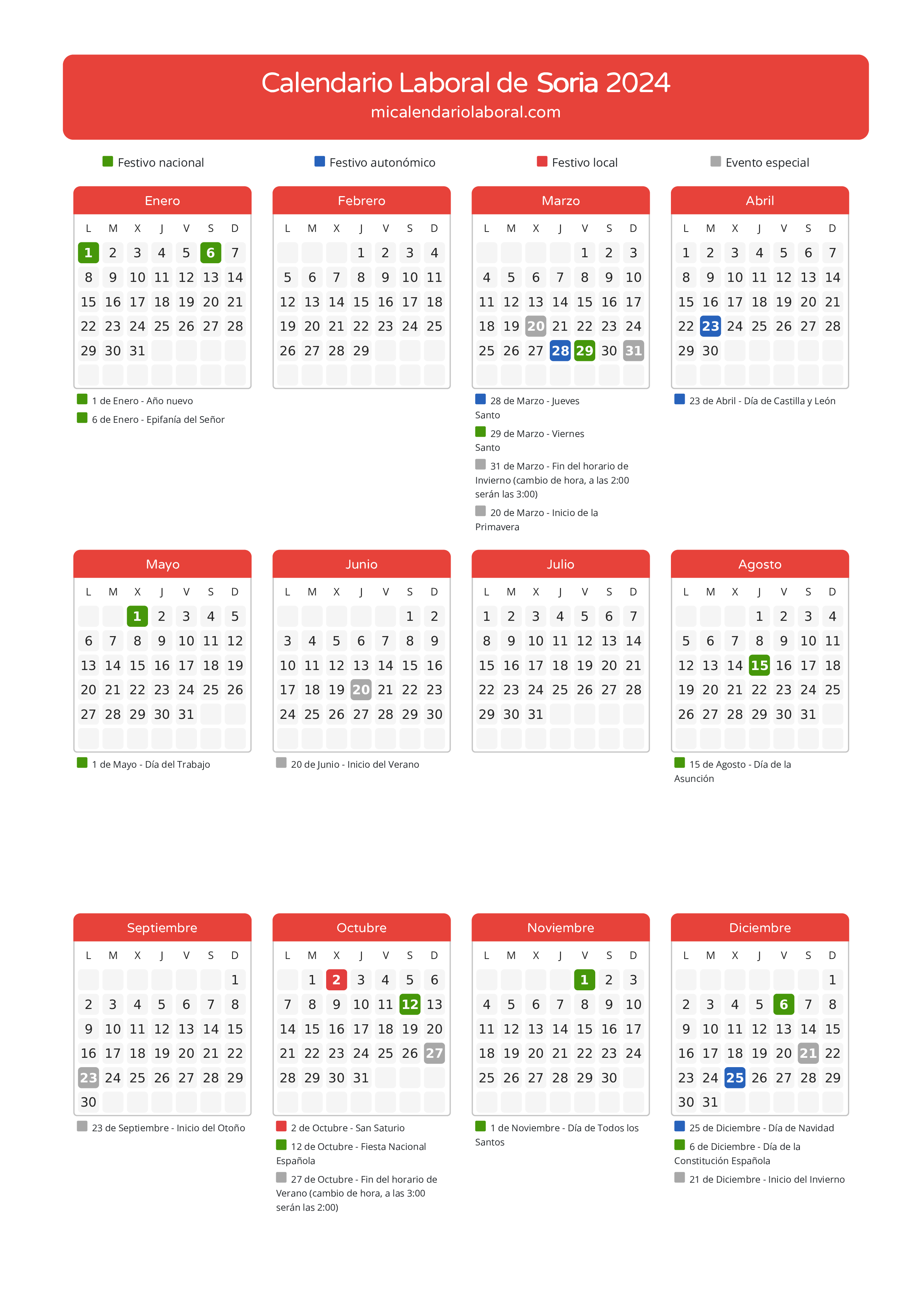 Calendario Laboral de Soria 2024 - Días festivos - Descubre todos los festivos, días no laborables y días inhábiles en el calendario de la provincia de Soria propuestos por Junta de Castilla y León. Anticípate a los eventos y organiza tus vacaciones y puentes en 2024.