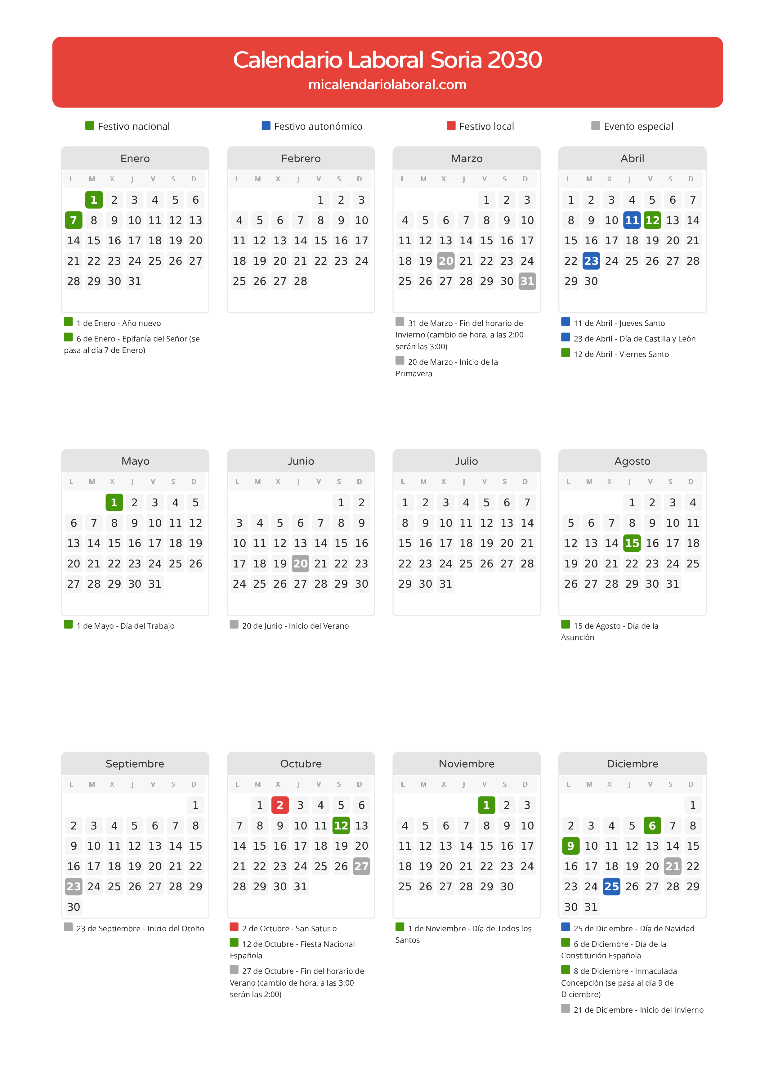 Calendario Laboral de Soria 2030 - Días festivos - Todos los festivos y días no laborables del calendario de Soria propuestos por Junta de Castilla y León. Organiza tus vacaciones y puentes en 2030.