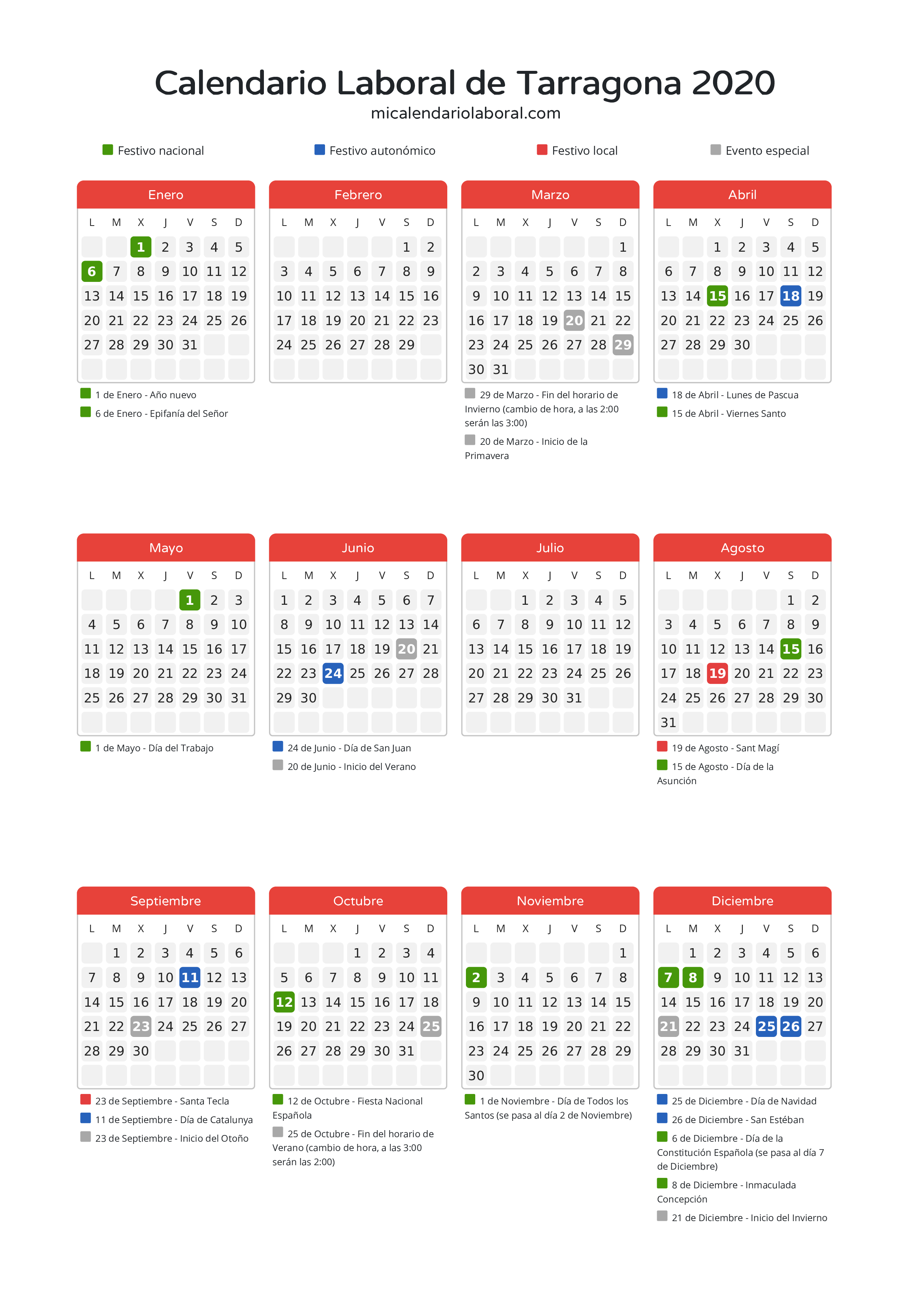 Calendario Laboral de Tarragona 2020 - Días festivos - Descubre todos los festivos, días no laborables y días inhábiles en el calendario de Tarragona propuestos por Generalitat de Catalunya. Organiza tus vacaciones y puentes en 2020.