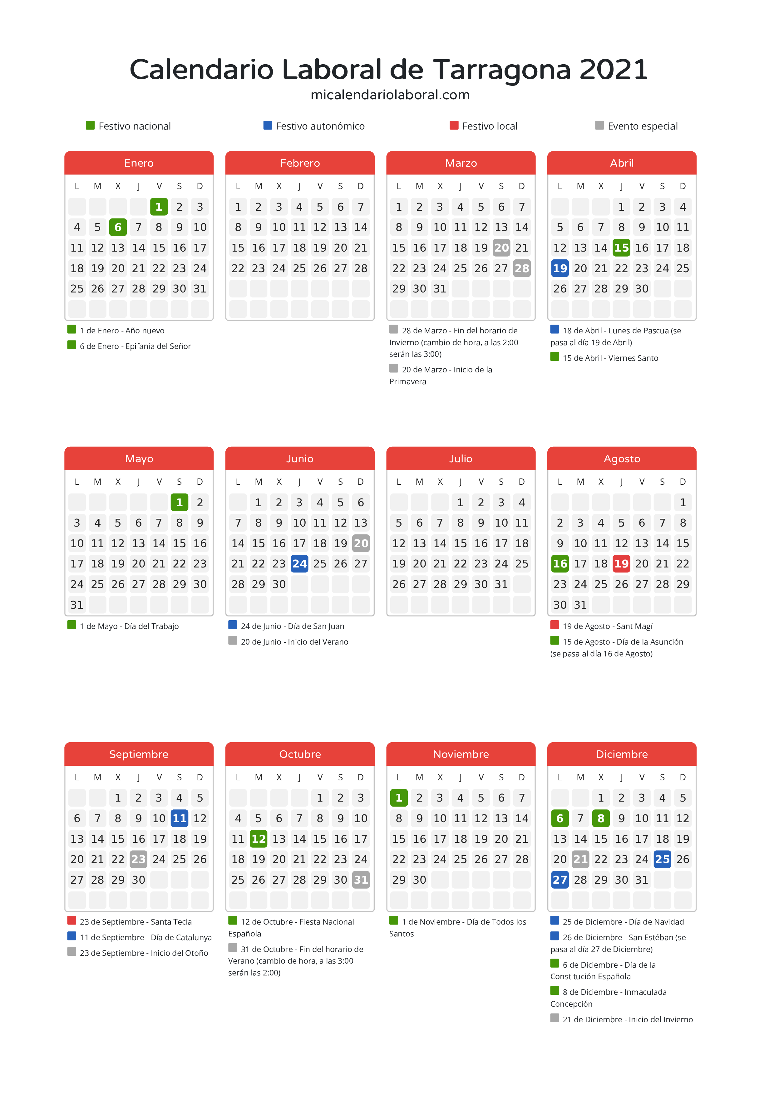 Calendario Laboral de Tarragona 2021 - Días festivos - Descubre todos los festivos, días no laborables y días inhábiles en el calendario de Tarragona propuestos por Generalitat de Catalunya. Organiza tus vacaciones y puentes en 2021.