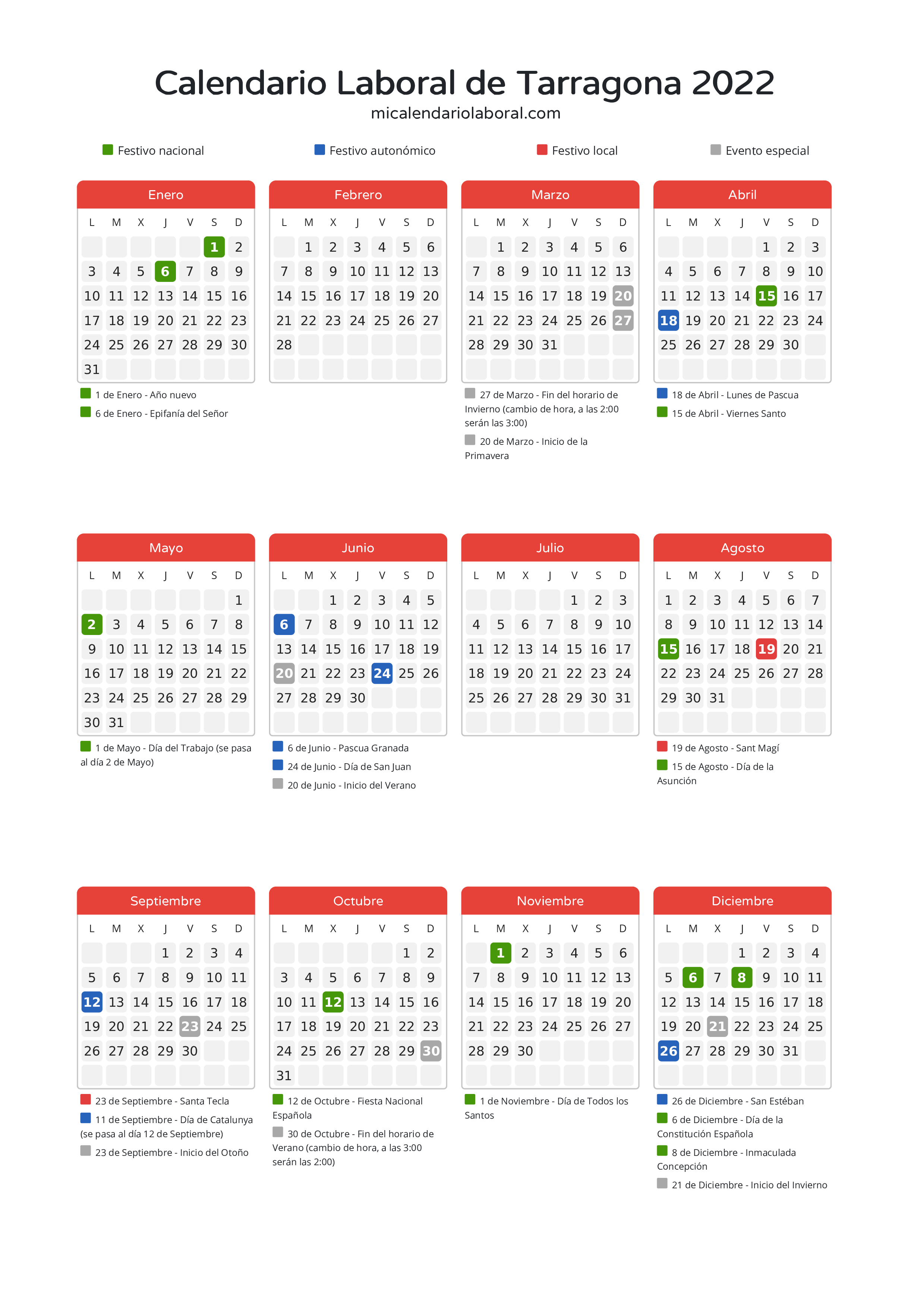 Calendario Laboral de Tarragona 2022 - Días festivos - Descubre todos los festivos, días no laborables y días inhábiles en el calendario de Tarragona propuestos por Generalitat de Catalunya. Organiza tus vacaciones y puentes en 2022.