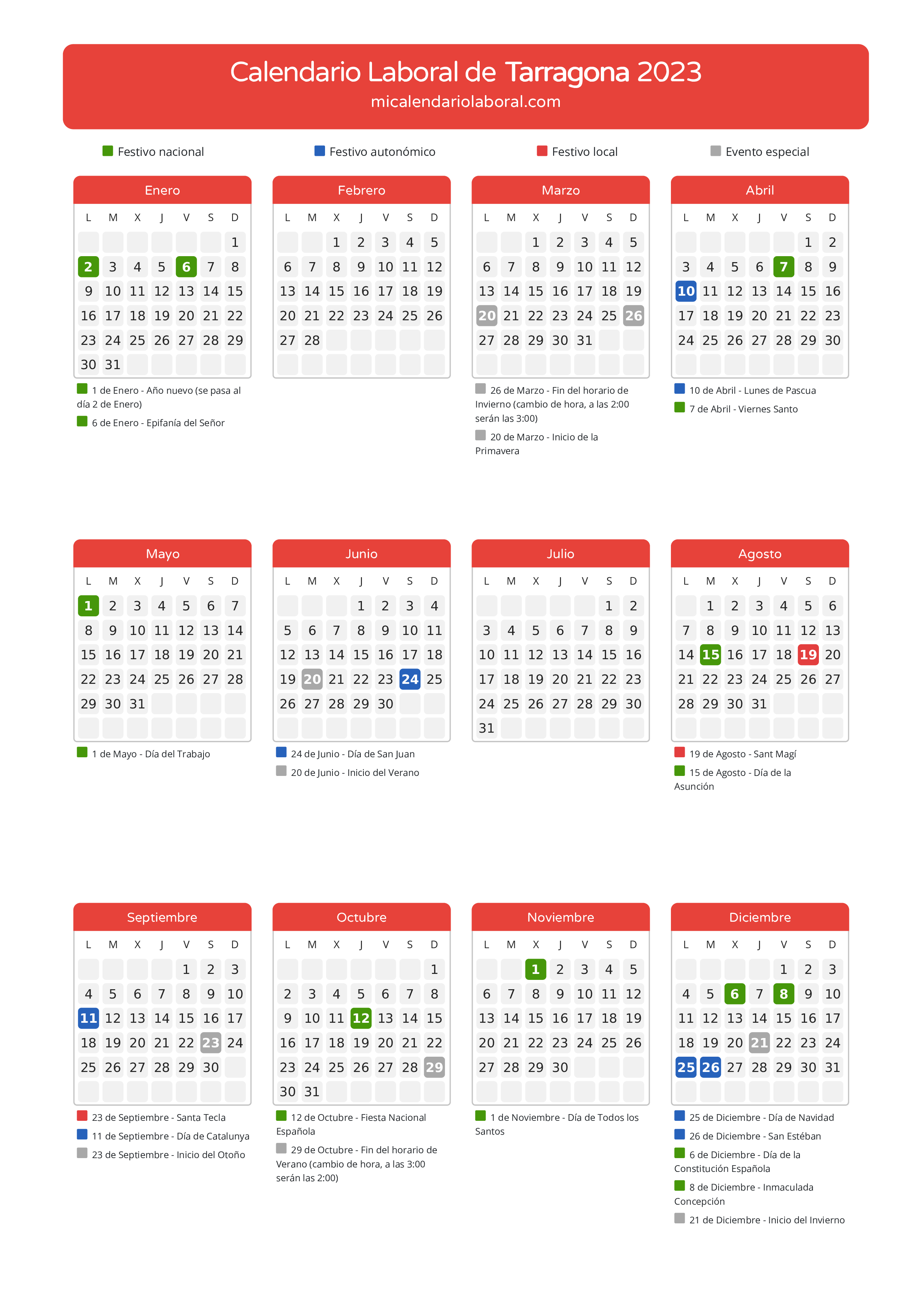 Calendario Laboral de Tarragona 2023 - Días festivos - Descubre todos los festivos, días no laborables y días inhábiles en el calendario de la provincia de Tarragona propuestos por Generalitat de Catalunya. Anticípate a los eventos y organiza tus vacaciones y puentes en 2023.