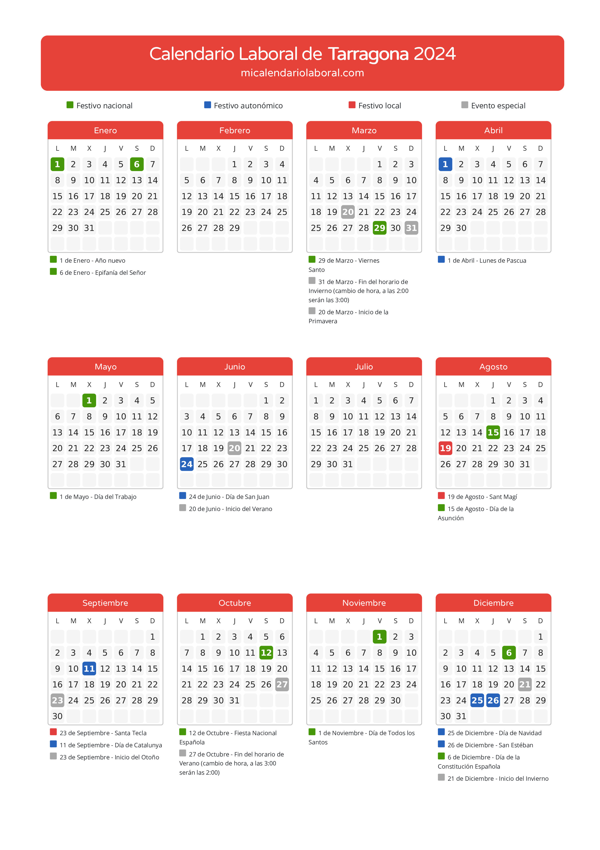 Calendario Laboral de Tarragona 2024 - Días festivos - Descubre todos los festivos, días no laborables y días inhábiles en el calendario de la provincia de Tarragona propuestos por Generalitat de Catalunya. Anticípate a los eventos y organiza tus vacaciones y puentes en 2024.