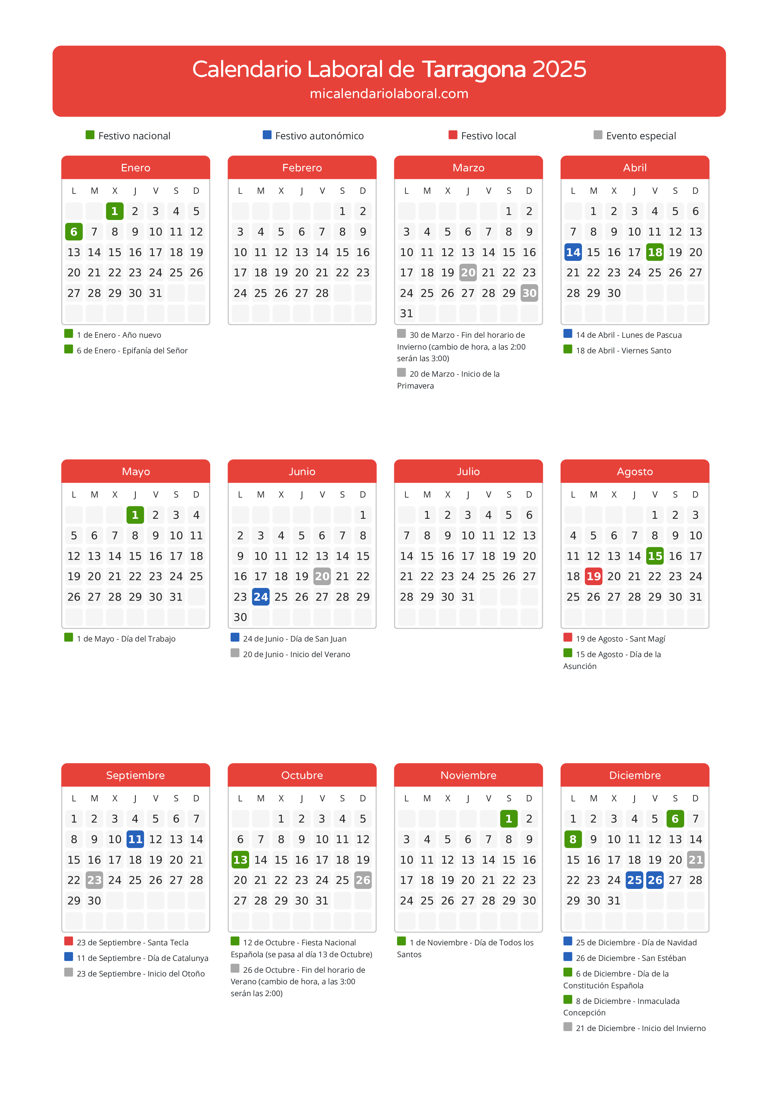 Calendario Laboral de Tarragona 2025 - Días festivos - Descubre todos los festivos, días no laborables y días inhábiles en el calendario de la provincia de Tarragona propuestos por Generalitat de Catalunya. Anticípate a los eventos y organiza tus vacaciones y puentes en 2025.