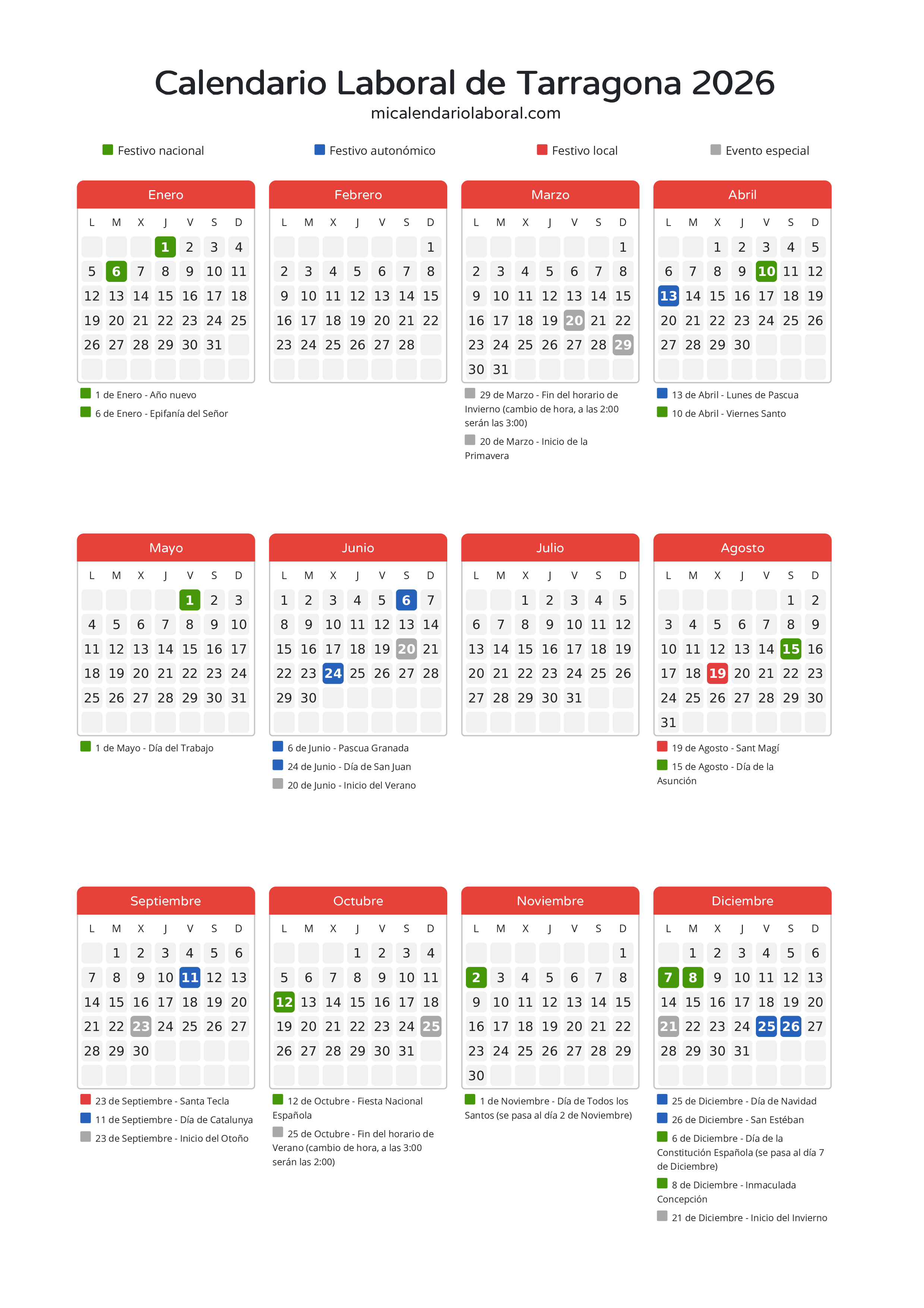 Calendario Laboral de Tarragona 2026 - Días festivos - Descubre todos los festivos, días no laborables y días inhábiles en el calendario de Tarragona propuestos por Generalitat de Catalunya. Organiza tus vacaciones y puentes en 2026.