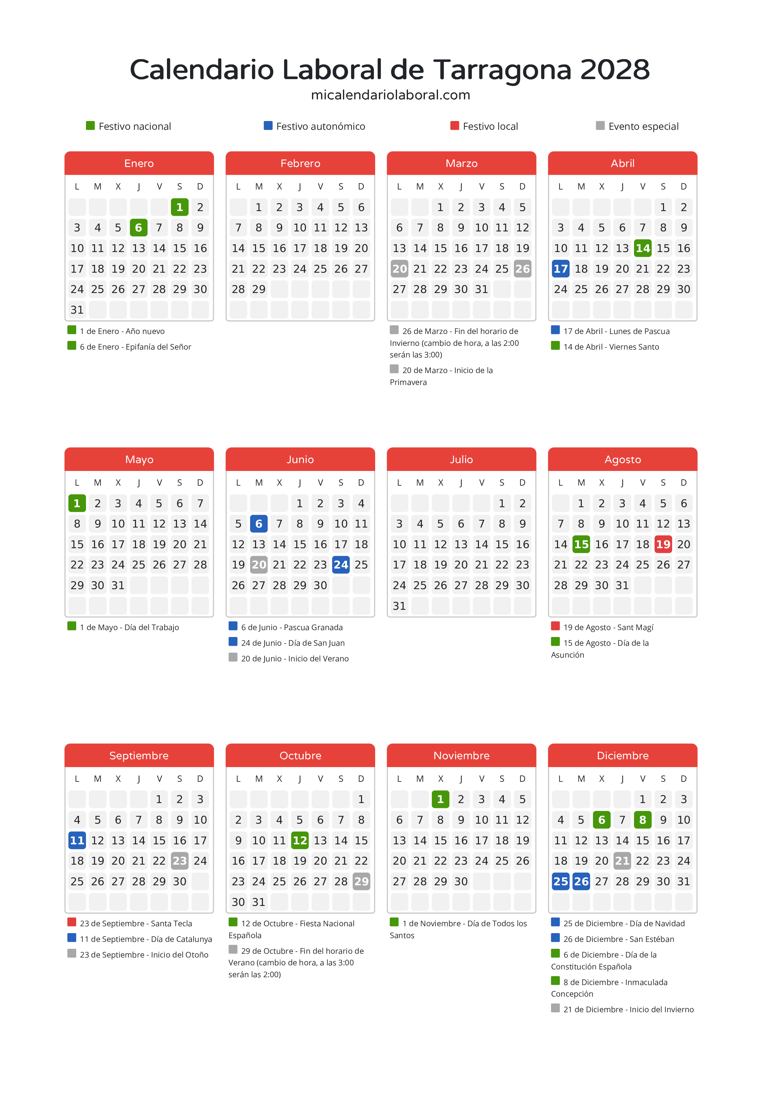 Calendario Laboral de Tarragona 2028 - Días festivos - Descubre todos los festivos, días no laborables y días inhábiles en el calendario de Tarragona propuestos por Generalitat de Catalunya. Organiza tus vacaciones y puentes en 2028.