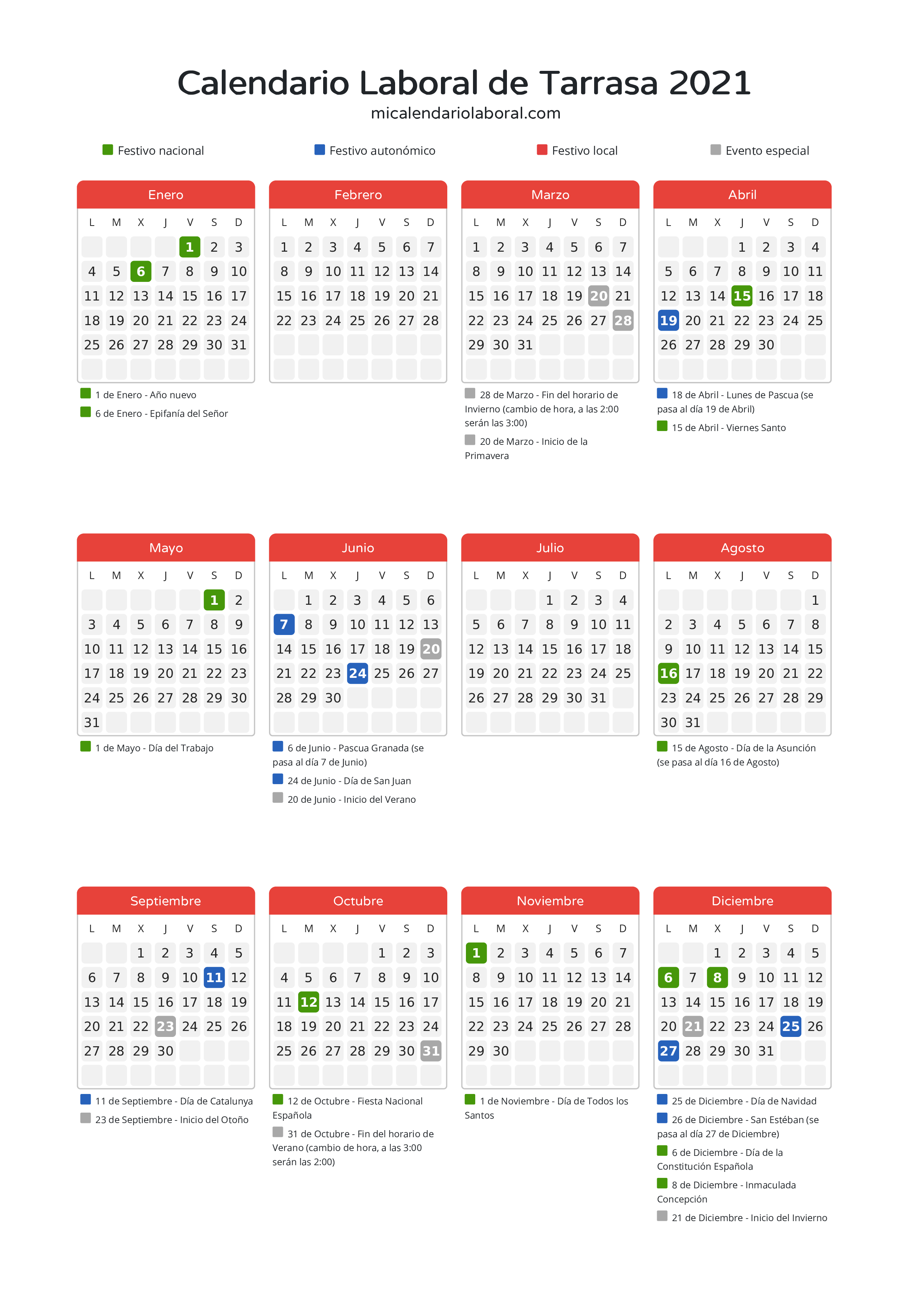 Calendario Laboral de Tarrasa 2021 - Días festivos - Descubre todos los festivos, días no laborables y días inhábiles en el calendario de Tarrasa propuestos por Generalitat de Catalunya. Organiza tus vacaciones y puentes en 2021.