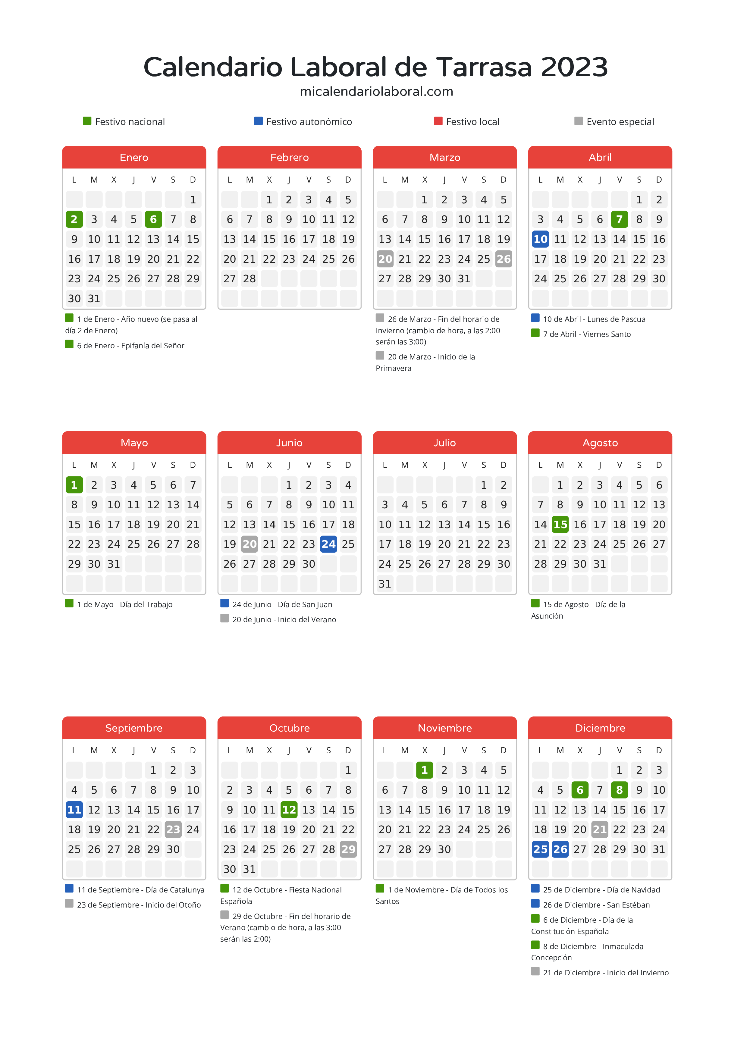 Calendario Laboral de Tarrasa 2023 - Días festivos - Aquí tienes todos los días festivos, no laborables y días inhábiles de la provincia del calendario de Tarrasa del año 2023