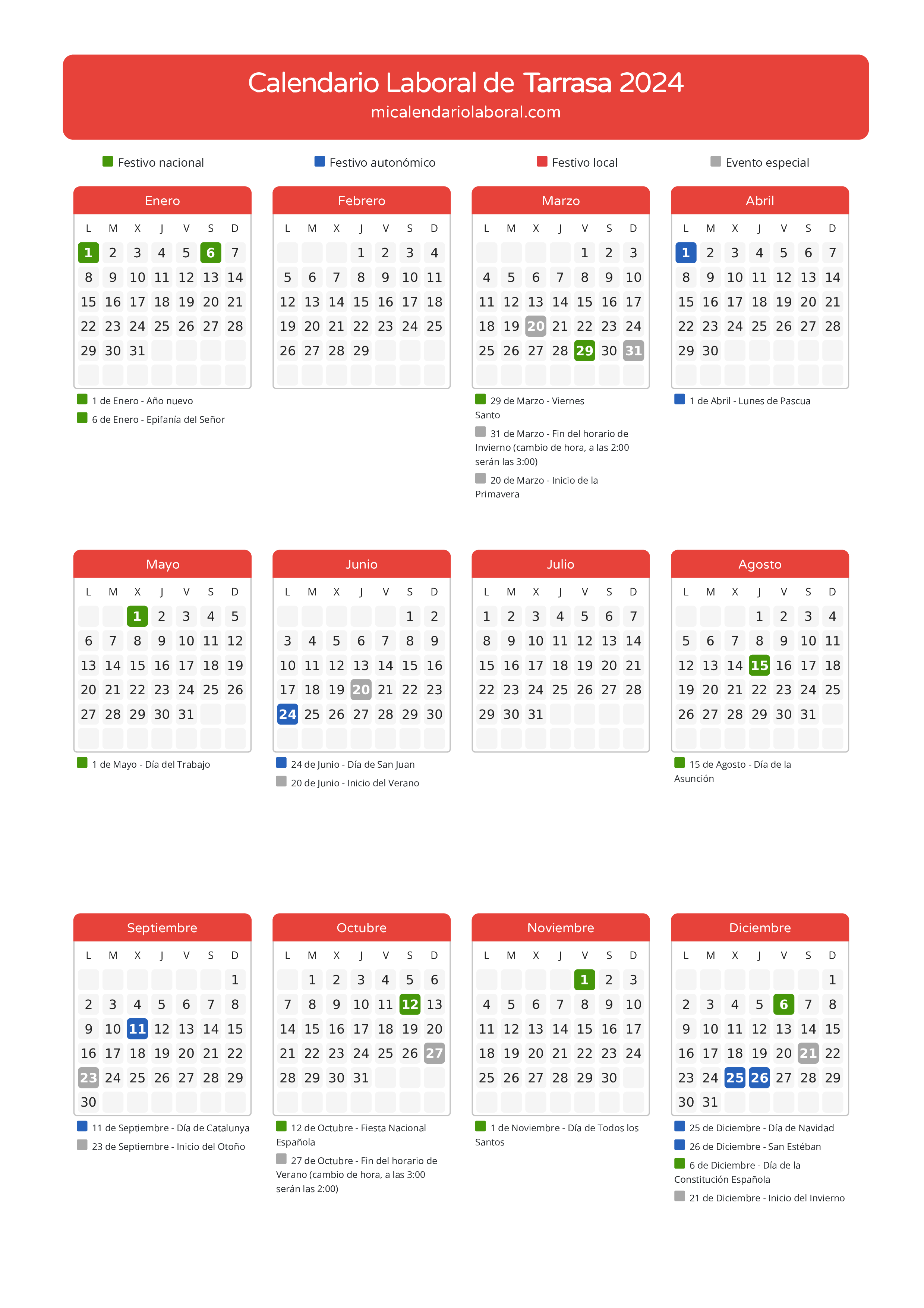 Calendario Laboral de Tarrasa 2024 - Días festivos - Aquí tienes todos los días festivos, no laborables y días inhábiles de la provincia del calendario de Tarrasa del año 2024