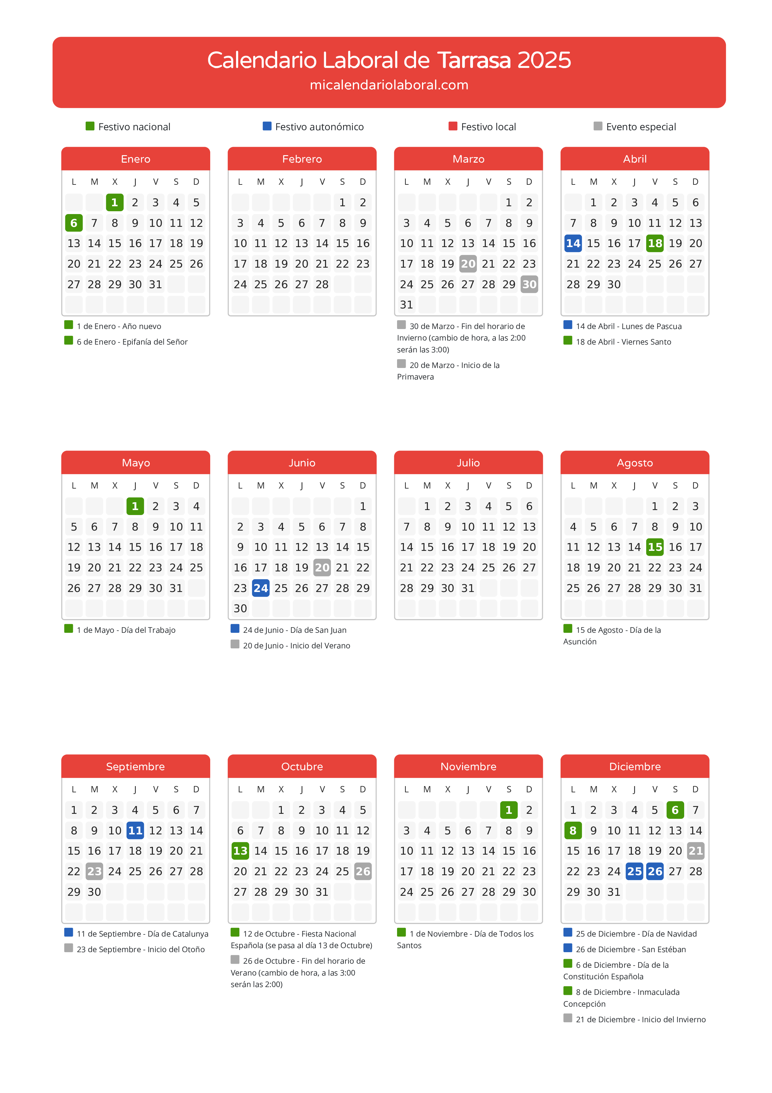 Calendario Laboral de Tarrasa 2025 - Días festivos - Aquí tienes todos los días festivos, no laborables y días inhábiles de la provincia del calendario de Tarrasa del año 2025