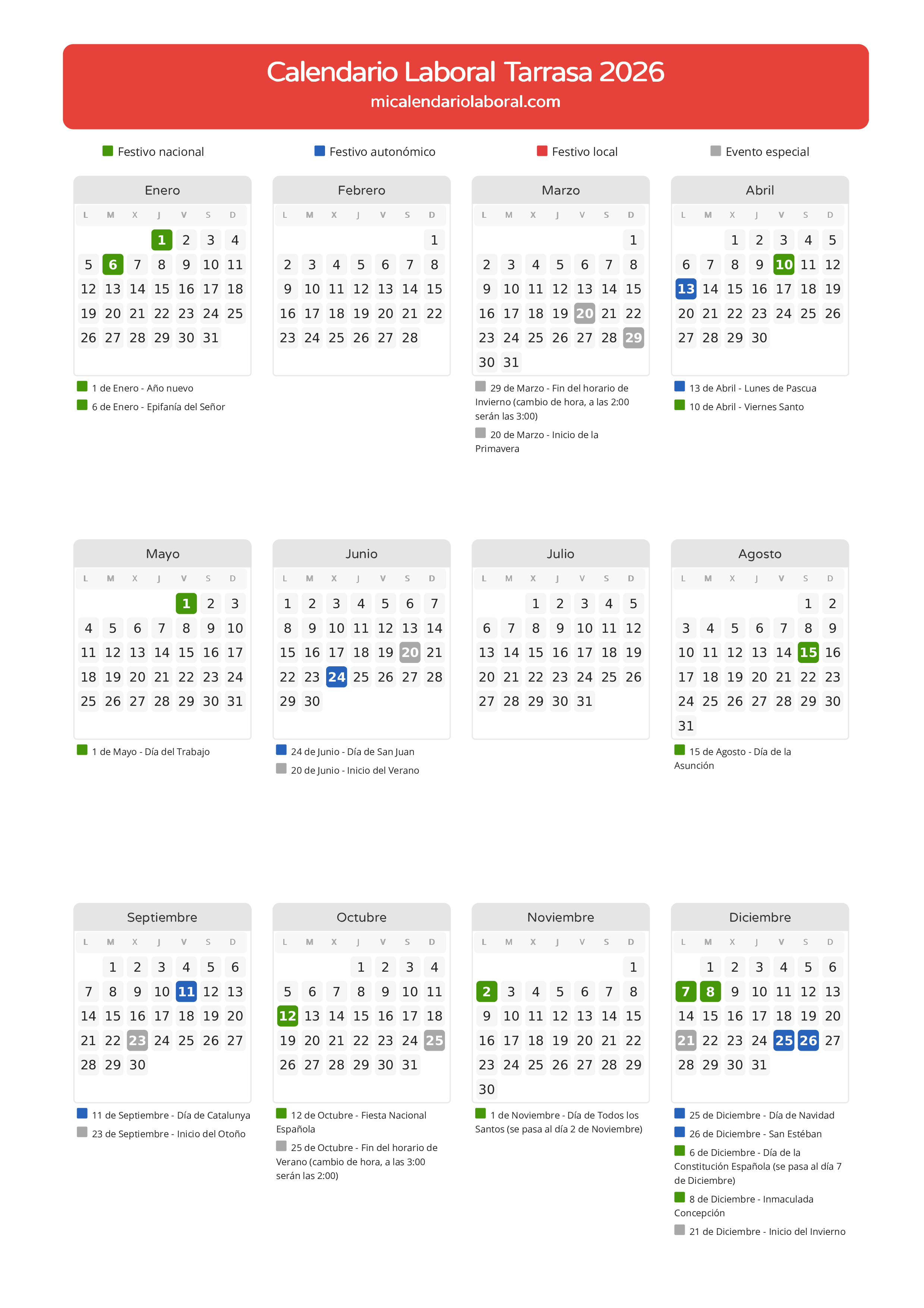 Calendario Laboral de Tarrasa 2026 - Días festivos - Todos los festivos y días no laborables del calendario de Tarrasa propuestos por Generalitat de Catalunya. Organiza tus vacaciones y puentes en 2026.