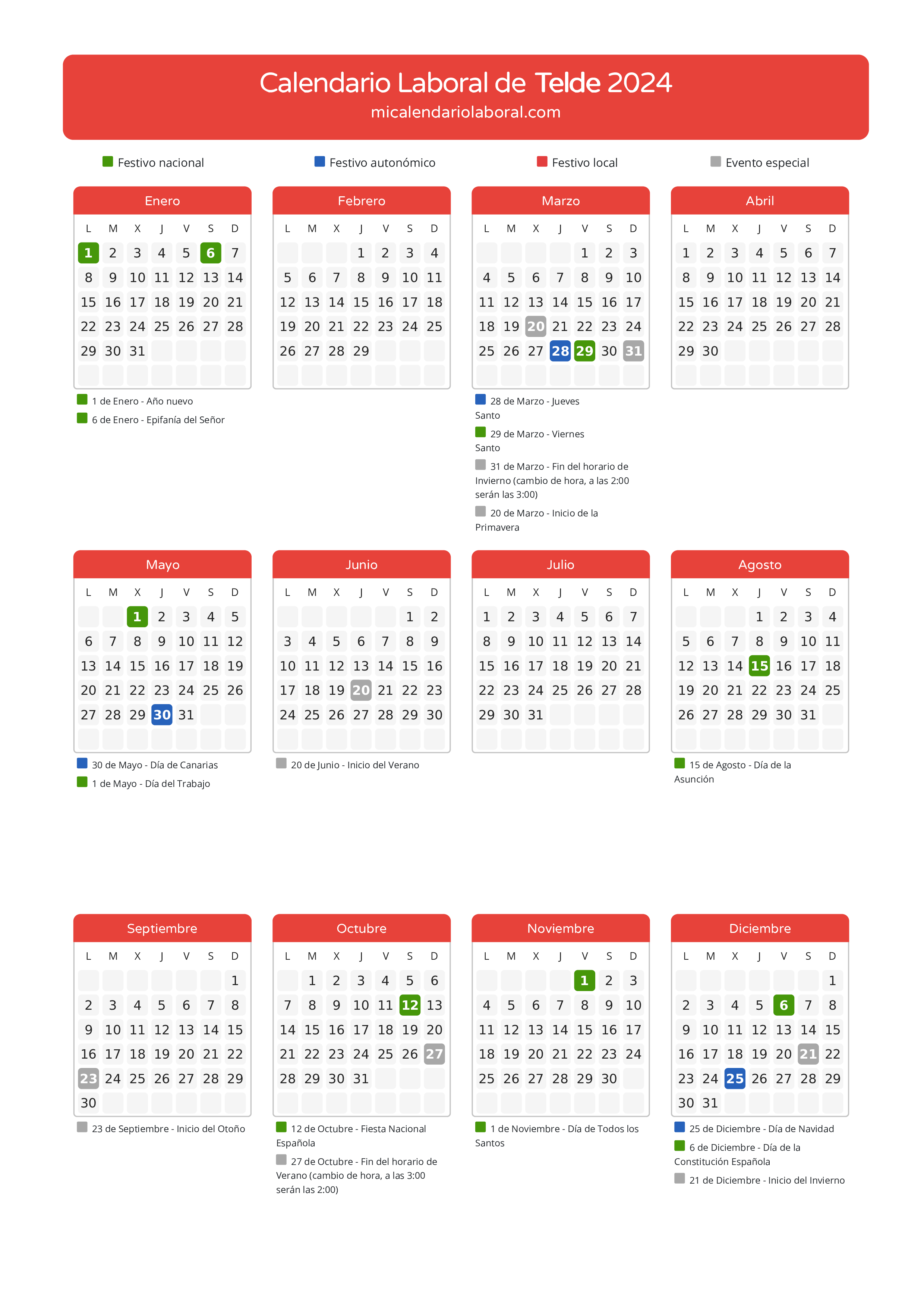 Calendario Laboral de Telde 2024 - Días festivos - Descubre todos los festivos, días no laborables y días inhábiles en el calendario de Telde propuestos por Gobierno de Canarias. Organiza tus vacaciones y puentes en 2024.