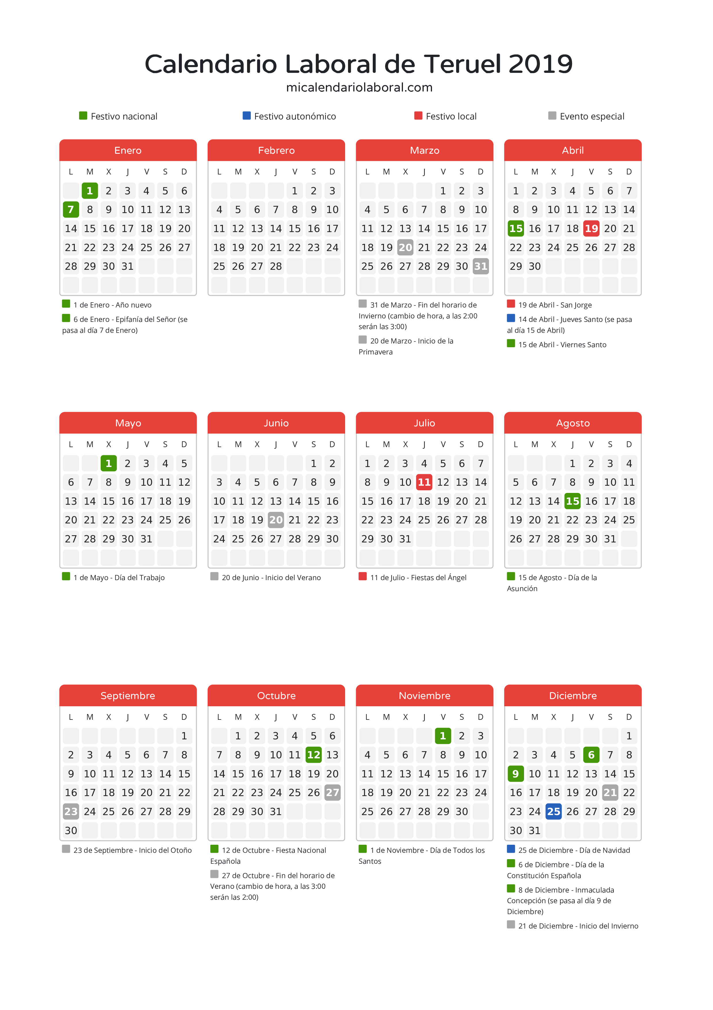 Calendario Laboral de Teruel 2019 - Días festivos - Descubre todos los festivos, días no laborables y días inhábiles en el calendario de Teruel propuestos por Gobierno de Aragón. Organiza tus vacaciones y puentes en 2019.