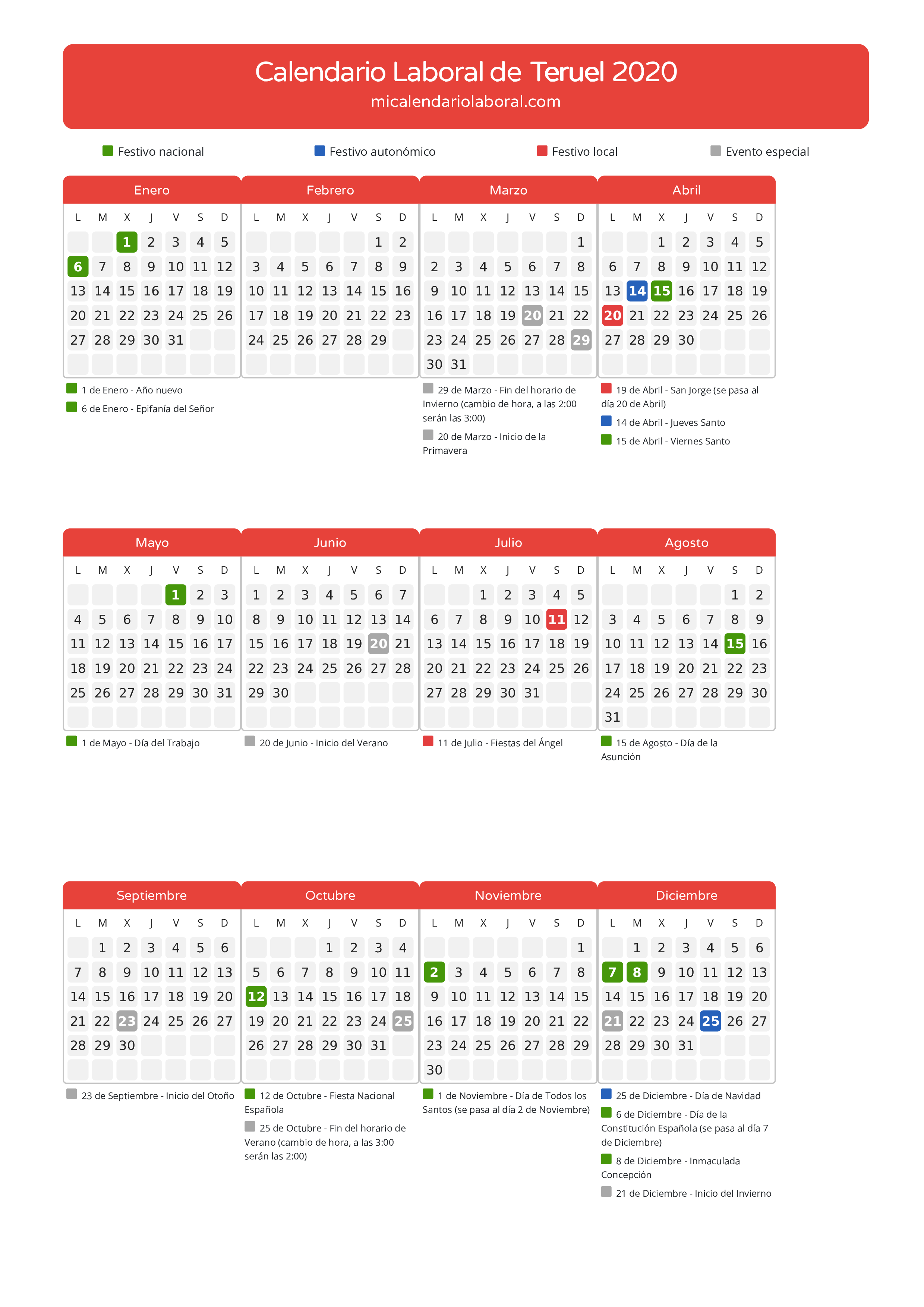 Calendario Laboral de Teruel 2020 - Días festivos - Descubre todos los festivos, días no laborables y días inhábiles en el calendario de Teruel propuestos por Gobierno de Aragón. Organiza tus vacaciones y puentes en 2020.