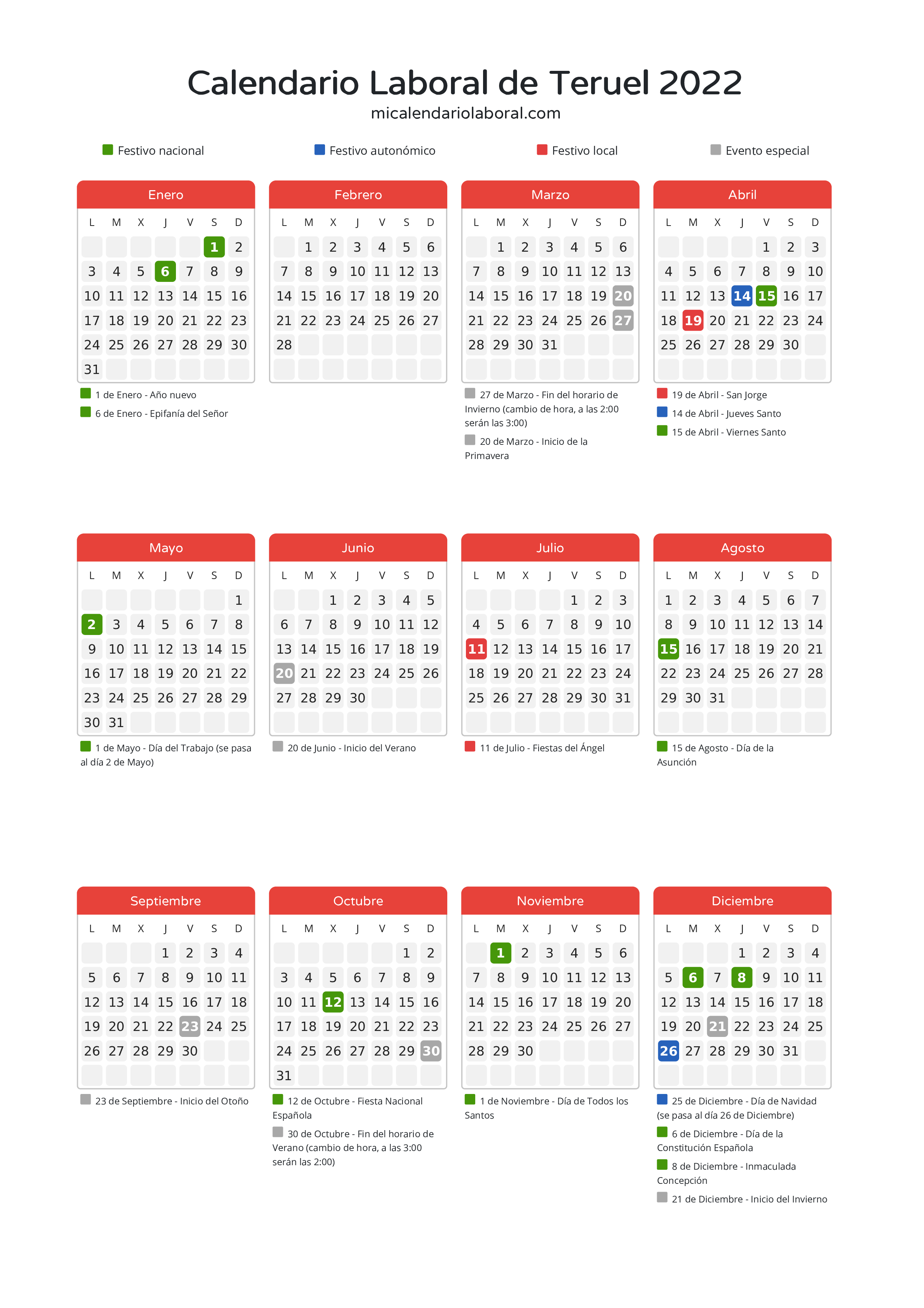 Calendario Laboral de Teruel 2022 - Días festivos - Descubre todos los festivos, días no laborables y días inhábiles en el calendario de Teruel propuestos por Gobierno de Aragón. Organiza tus vacaciones y puentes en 2022.