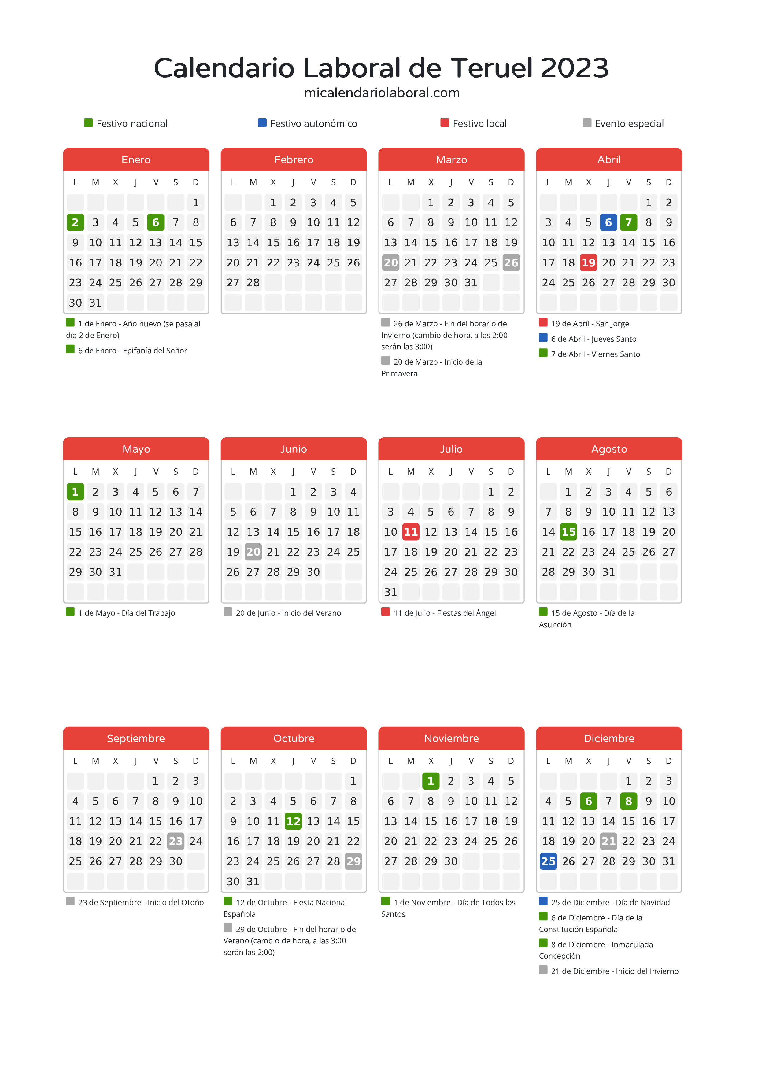 Calendario Laboral de Teruel 2023 - Días festivos - Descubre todos los festivos, días no laborables y días inhábiles en el calendario de Teruel propuestos por Gobierno de Aragón. Organiza tus vacaciones y puentes en 2023.