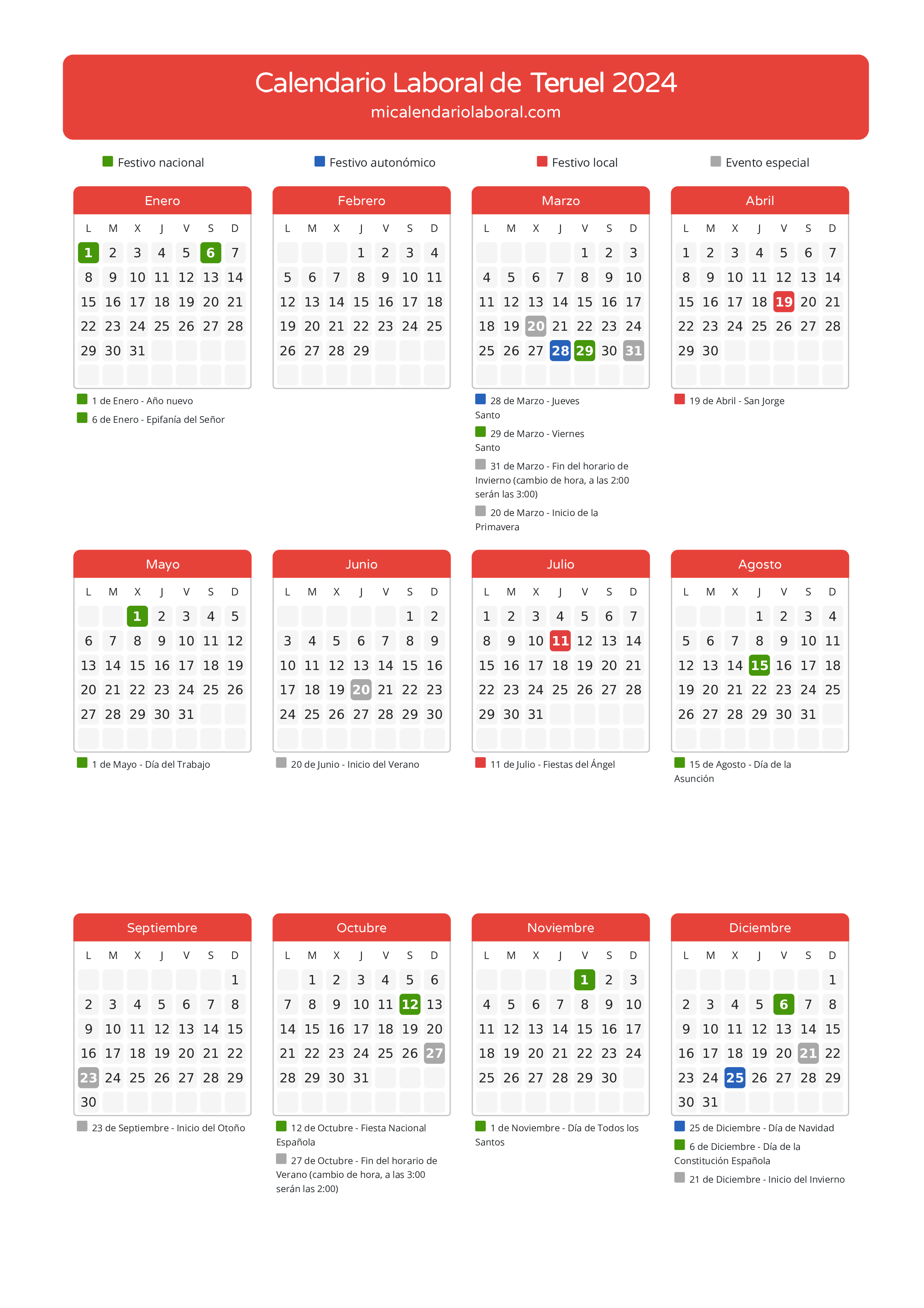 Calendario Laboral de Teruel 2024 - Días festivos - Descubre todos los festivos, días no laborables y días inhábiles en el calendario de la provincia de Teruel propuestos por Gobierno de Aragón. Anticípate a los eventos y organiza tus vacaciones y puentes en 2024.