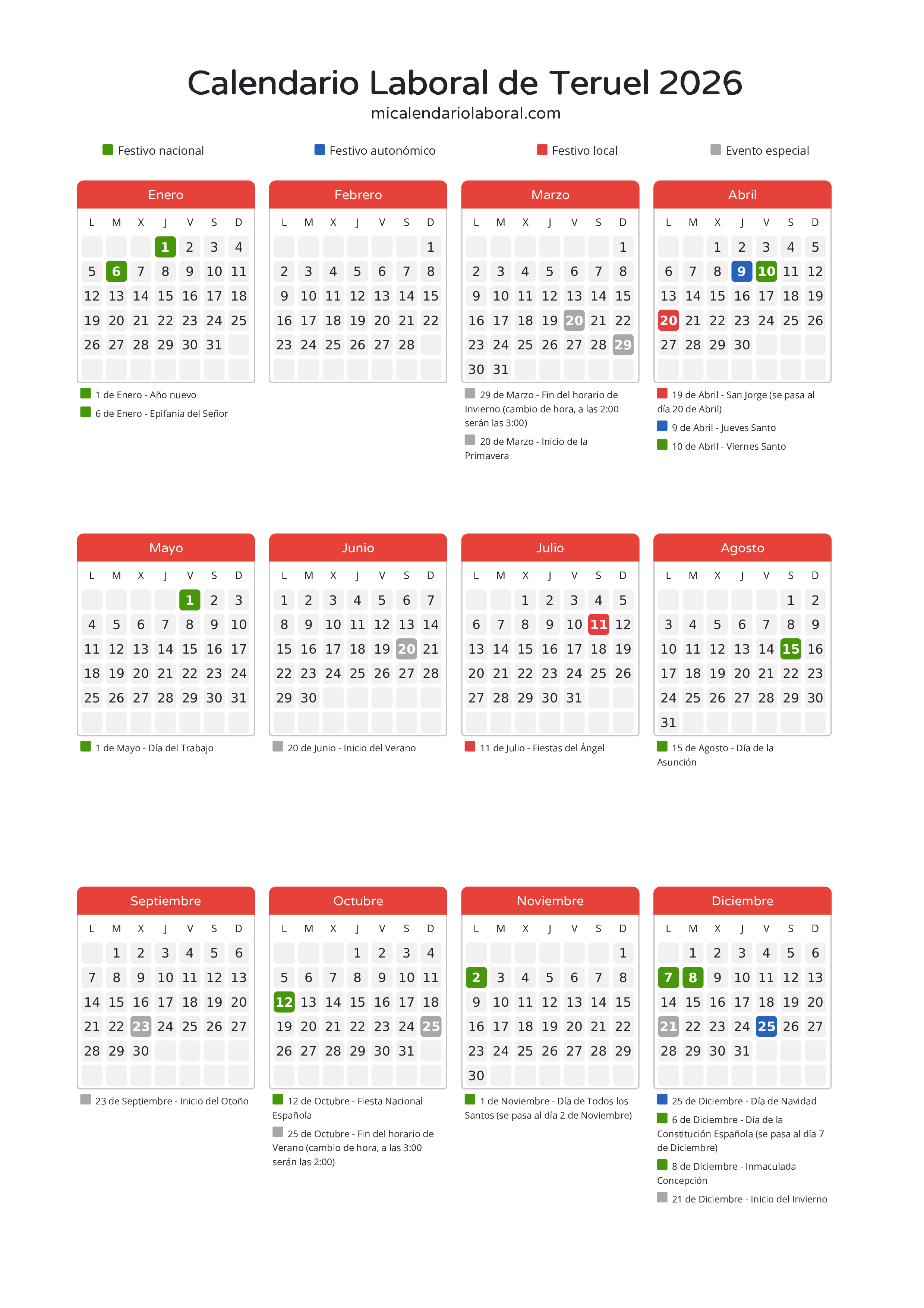 Calendario Laboral de Teruel 2026 - Días festivos - Descubre todos los festivos, días no laborables y días inhábiles en el calendario de Teruel propuestos por Gobierno de Aragón. Organiza tus vacaciones y puentes en 2026.