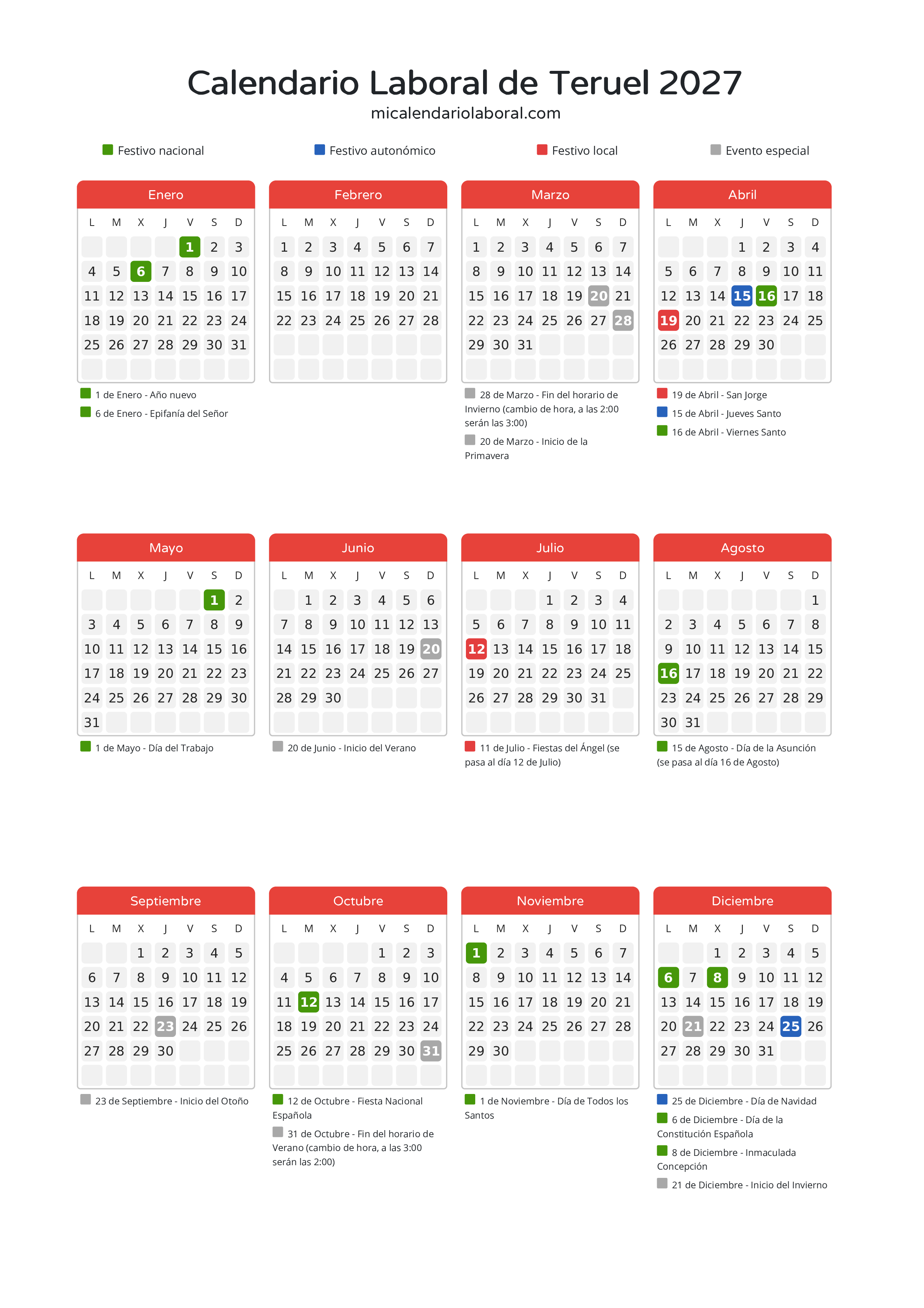 Calendario Laboral de Teruel 2027 - Días festivos - Descubre todos los festivos, días no laborables y días inhábiles en el calendario de Teruel propuestos por Gobierno de Aragón. Organiza tus vacaciones y puentes en 2027.