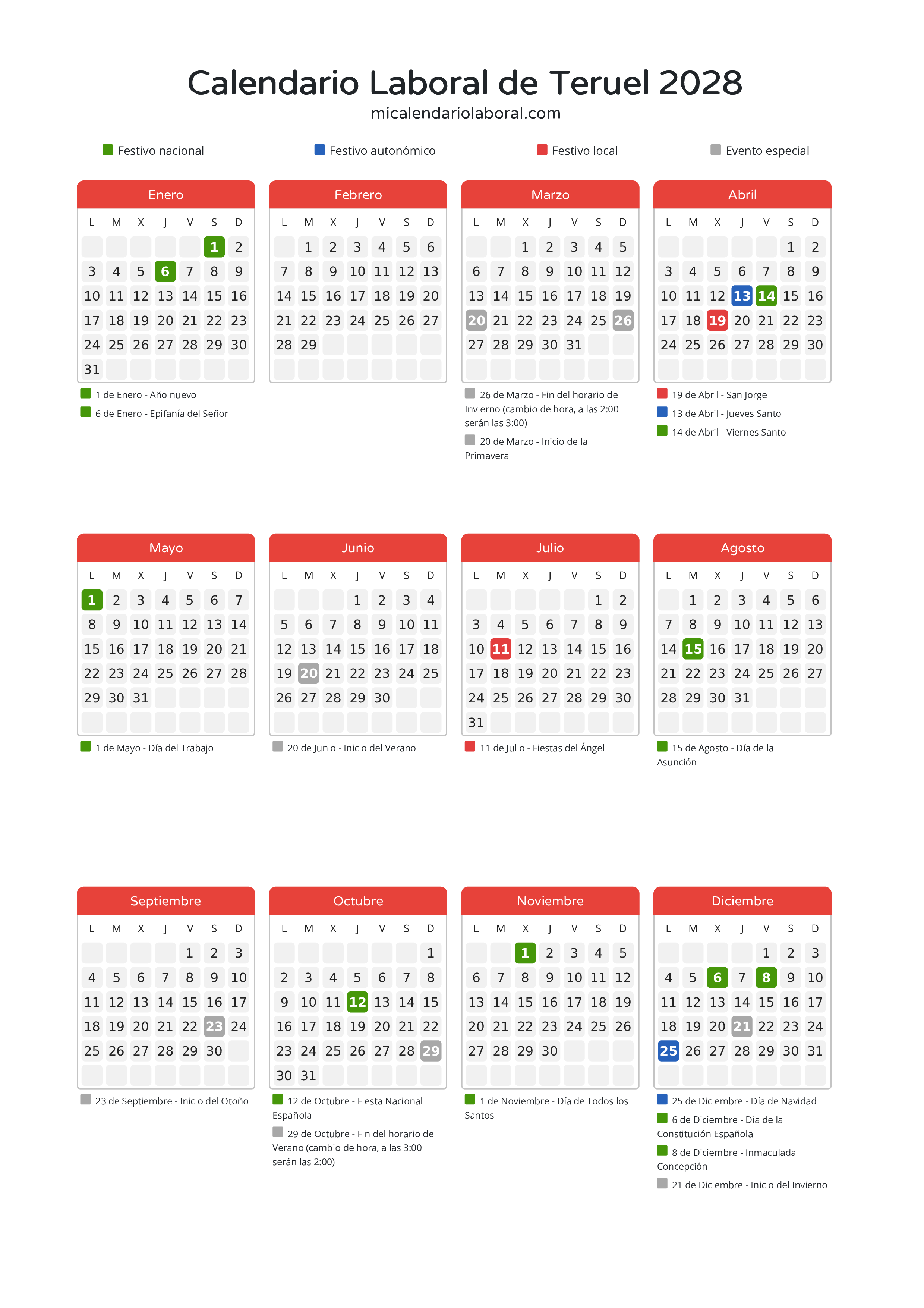 Calendario Laboral de Teruel 2028 - Días festivos - Descubre todos los festivos, días no laborables y días inhábiles en el calendario de Teruel propuestos por Gobierno de Aragón. Organiza tus vacaciones y puentes en 2028.