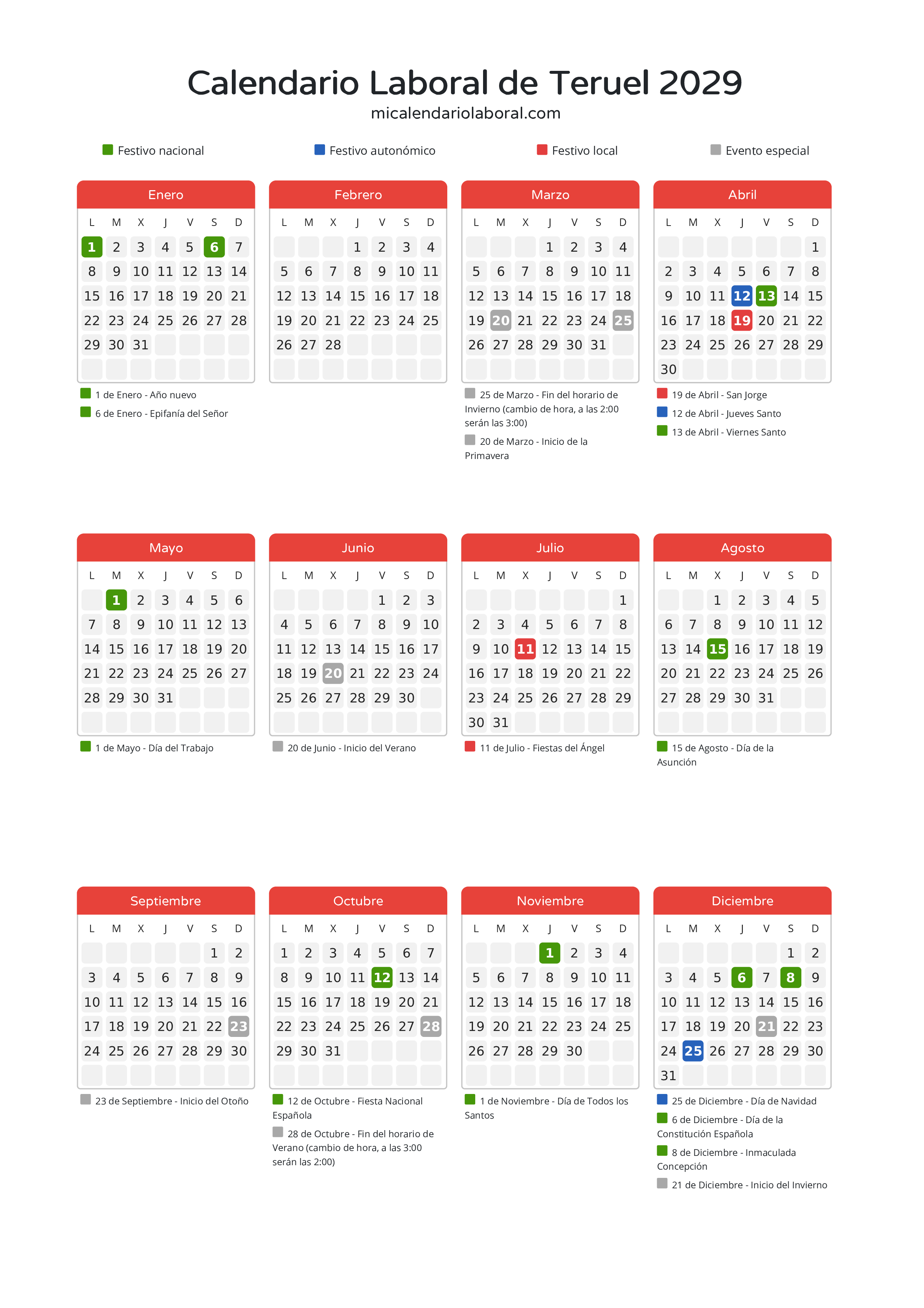 Calendario Laboral de Teruel 2029 - Días festivos - Descubre todos los festivos, días no laborables y días inhábiles en el calendario de Teruel propuestos por Gobierno de Aragón. Organiza tus vacaciones y puentes en 2029.