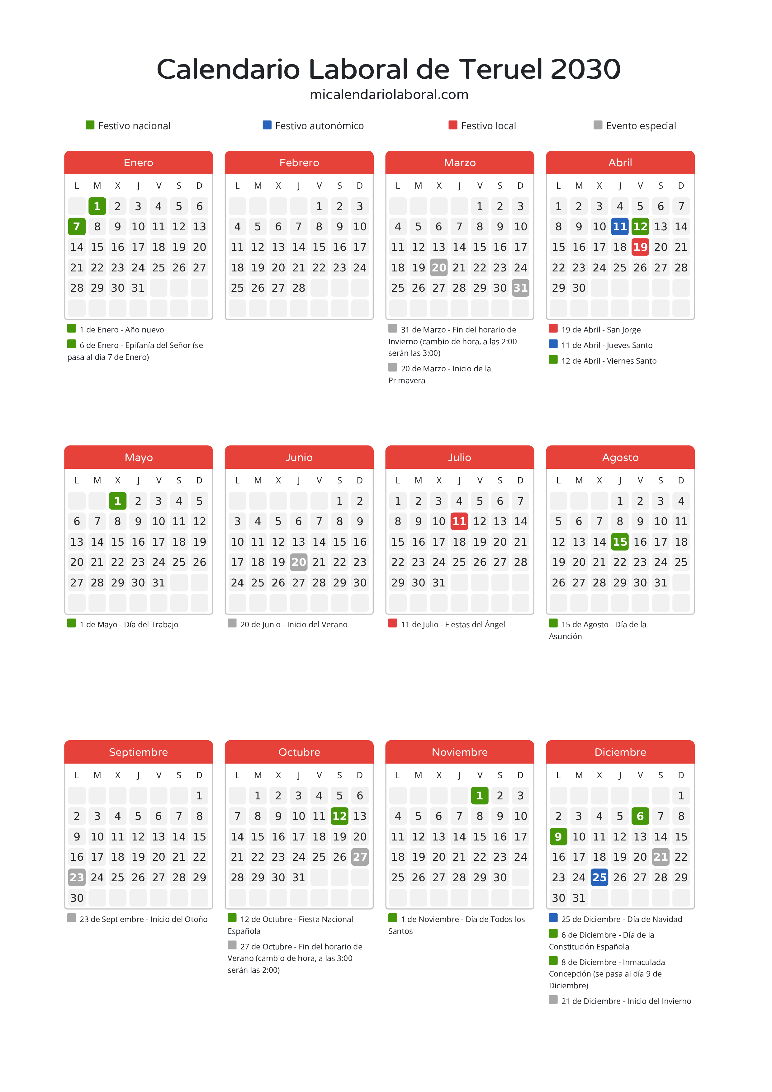 Calendario Laboral de Teruel 2030 - Días festivos - Todos los festivos y días no laborables del calendario de Teruel propuestos por Gobierno de Aragón. Organiza tus vacaciones y puentes en 2030.