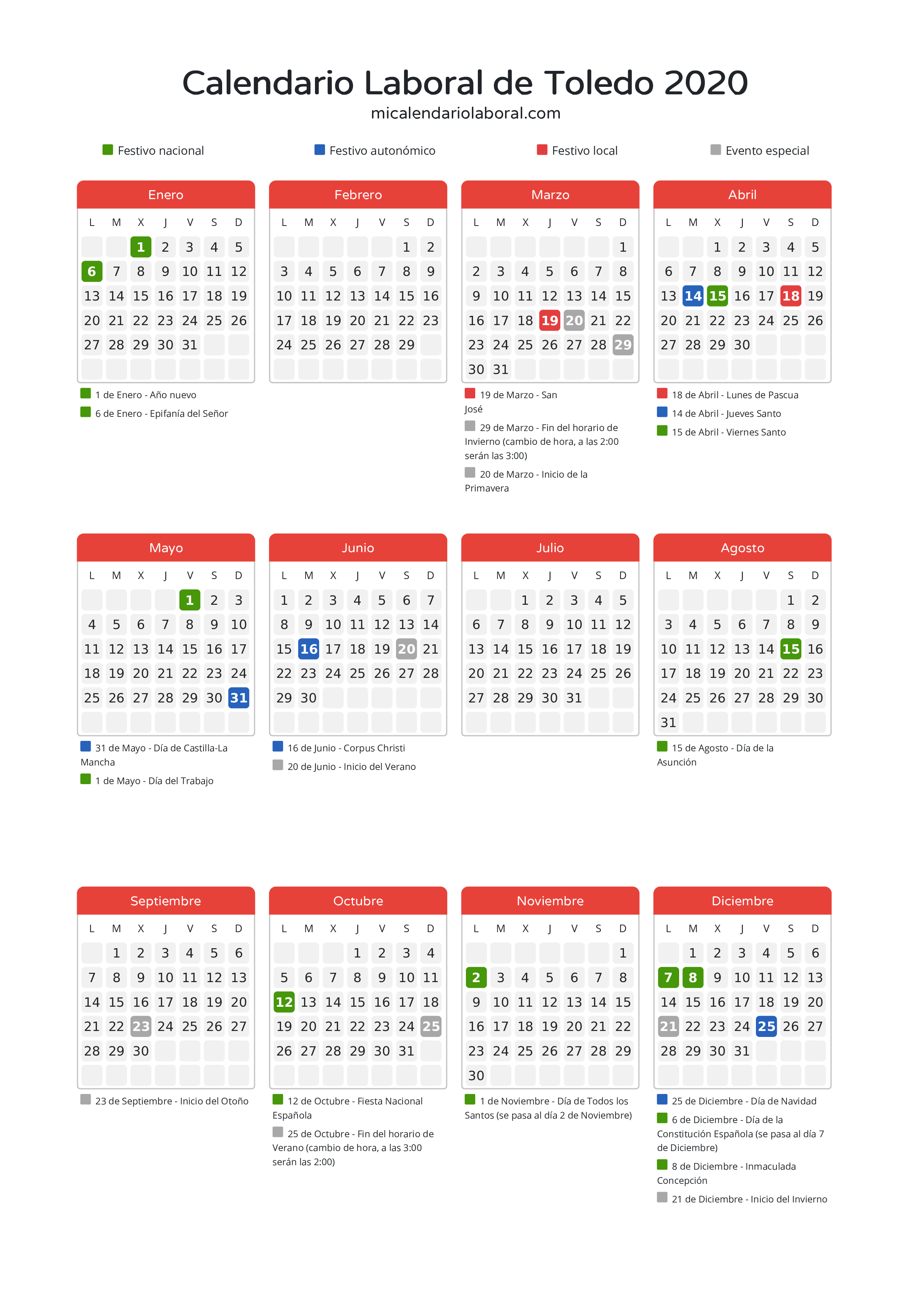 Calendario Laboral de Toledo 2020 - Días festivos - Descubre todos los festivos, días no laborables y días inhábiles en el calendario de Toledo propuestos por Junta de Comunidades de Castilla-La Mancha. Organiza tus vacaciones y puentes en 2020.