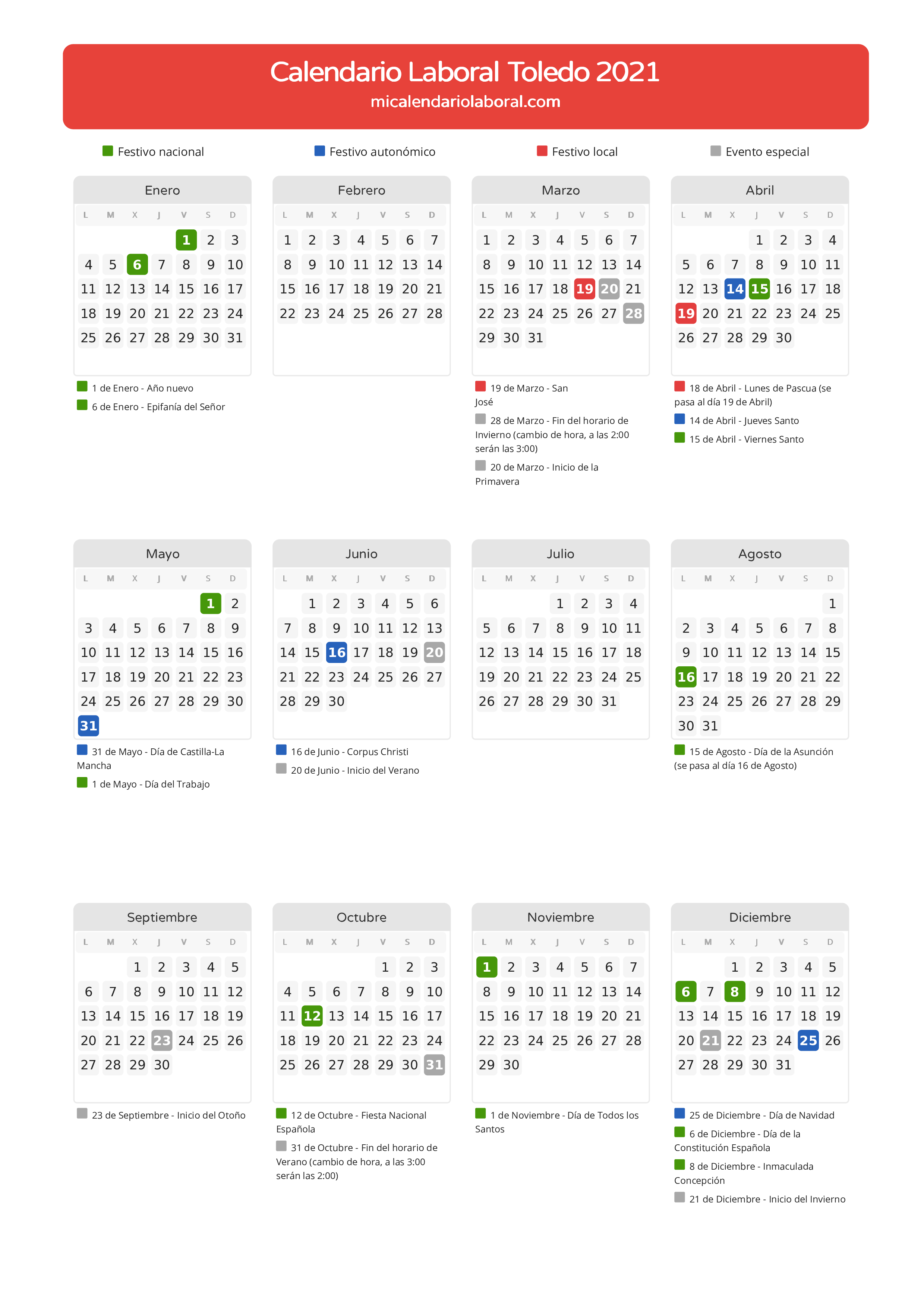 Calendario Laboral de Toledo 2021 - Días festivos - Todos los festivos y días no laborables del calendario de Toledo propuestos por Junta de Comunidades de Castilla-La Mancha. Organiza tus vacaciones y puentes en 2021.