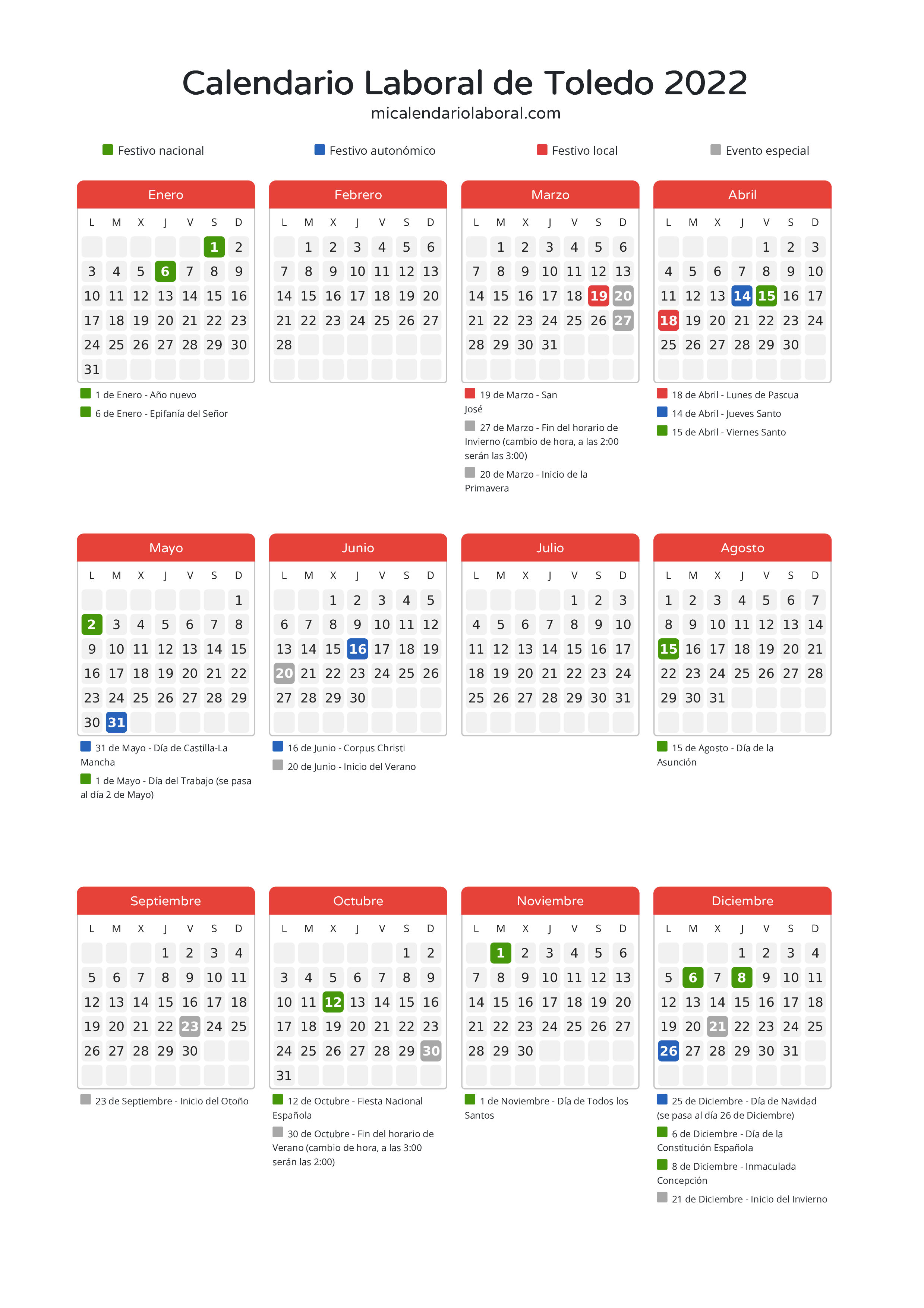 Calendario Laboral de Toledo 2022 - Días festivos - Descubre todos los festivos, días no laborables y días inhábiles en el calendario de Toledo propuestos por Junta de Comunidades de Castilla-La Mancha. Organiza tus vacaciones y puentes en 2022.