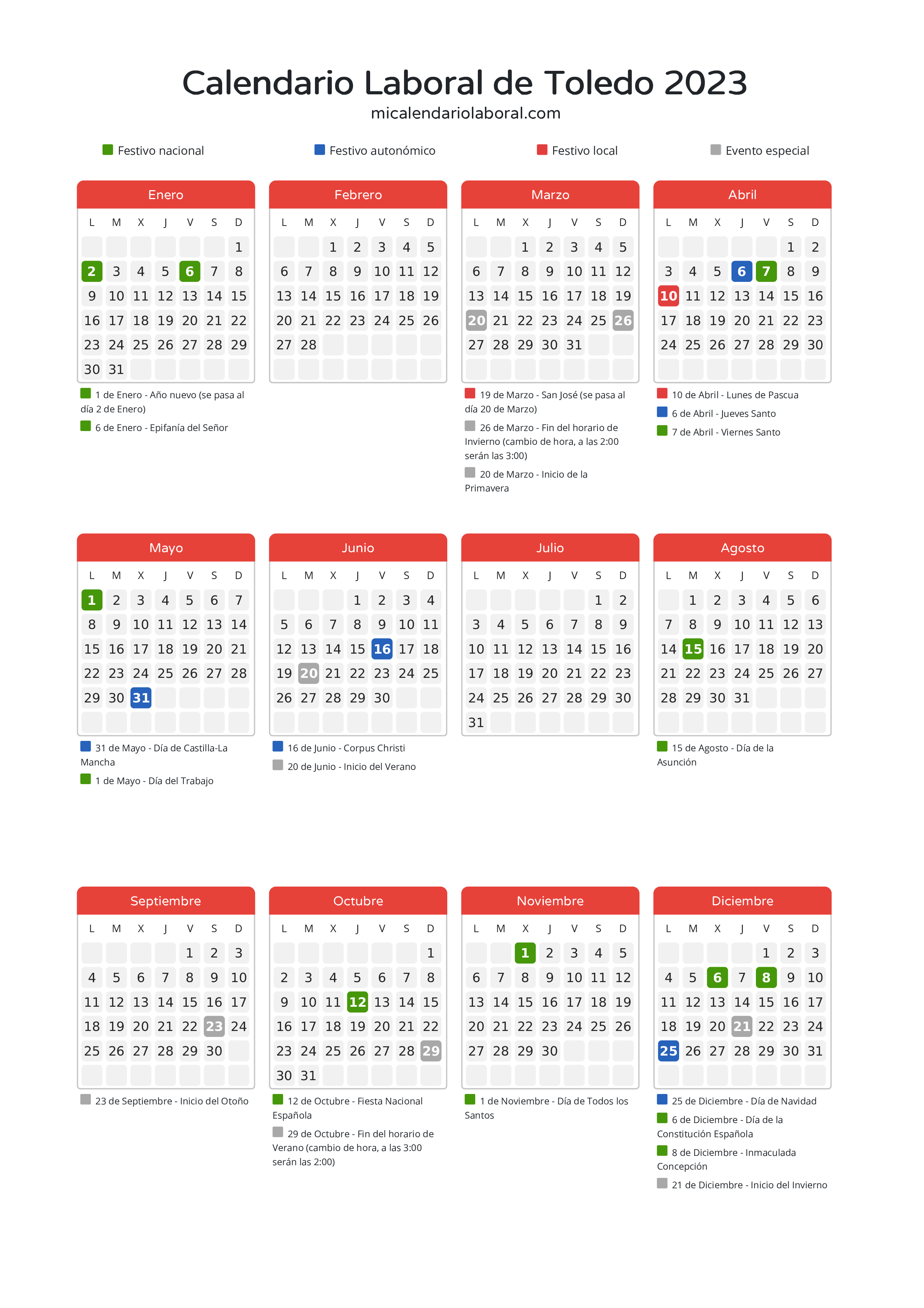 Calendario Laboral de Toledo 2023 - Días festivos - Descubre todos los festivos, días no laborables y días inhábiles en el calendario de la provincia de Toledo propuestos por Junta de Comunidades de Castilla-La Mancha. Anticípate a los eventos y organiza tus vacaciones y puentes en 2023.