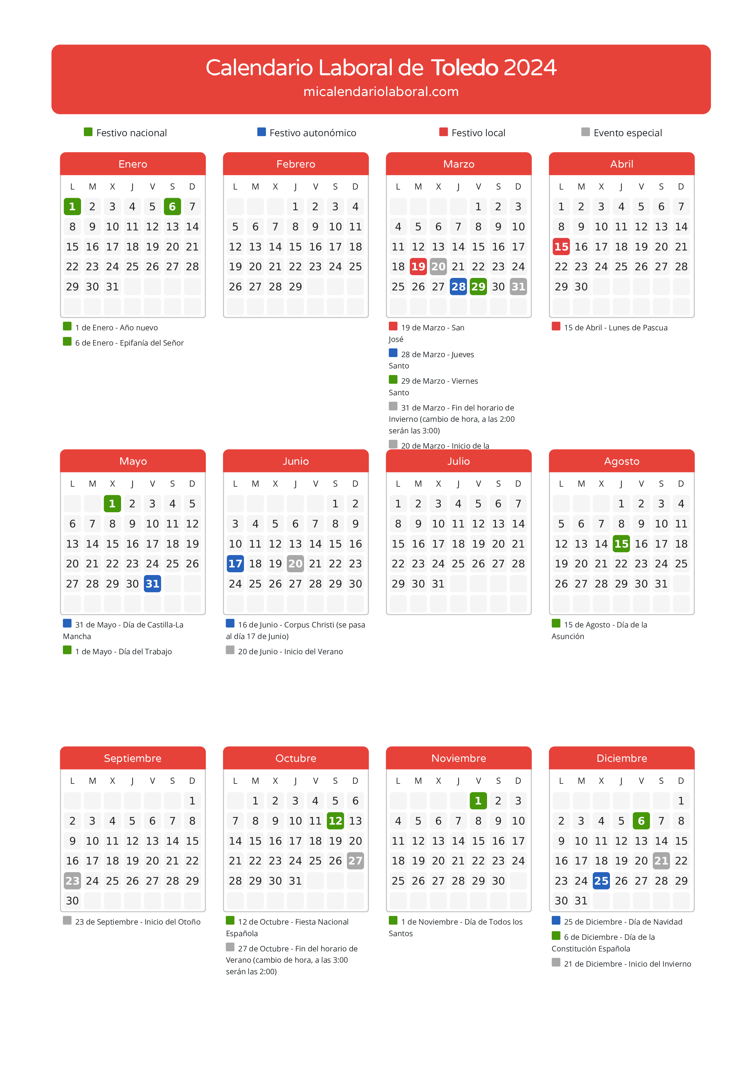 Calendario Laboral de Toledo 2024 - Días festivos - Descubre todos los festivos, días no laborables y días inhábiles en el calendario de la provincia de Toledo propuestos por Junta de Comunidades de Castilla-La Mancha. Anticípate a los eventos y organiza tus vacaciones y puentes en 2024.