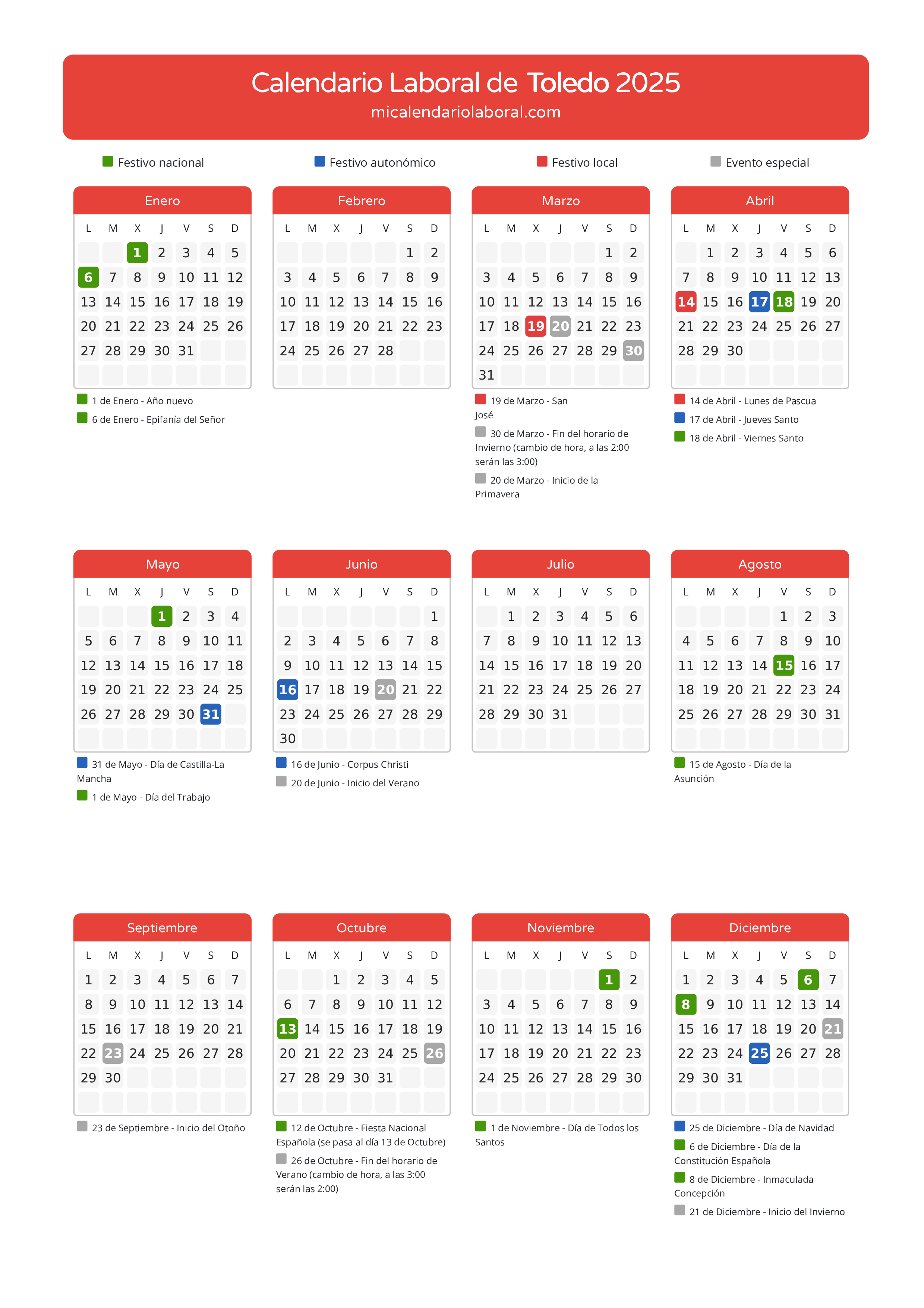 Calendario Laboral de Toledo 2025 - Días festivos - Descubre todos los festivos, días no laborables y días inhábiles en el calendario de la provincia de Toledo propuestos por Junta de Comunidades de Castilla-La Mancha. Anticípate a los eventos y organiza tus vacaciones y puentes en 2025.