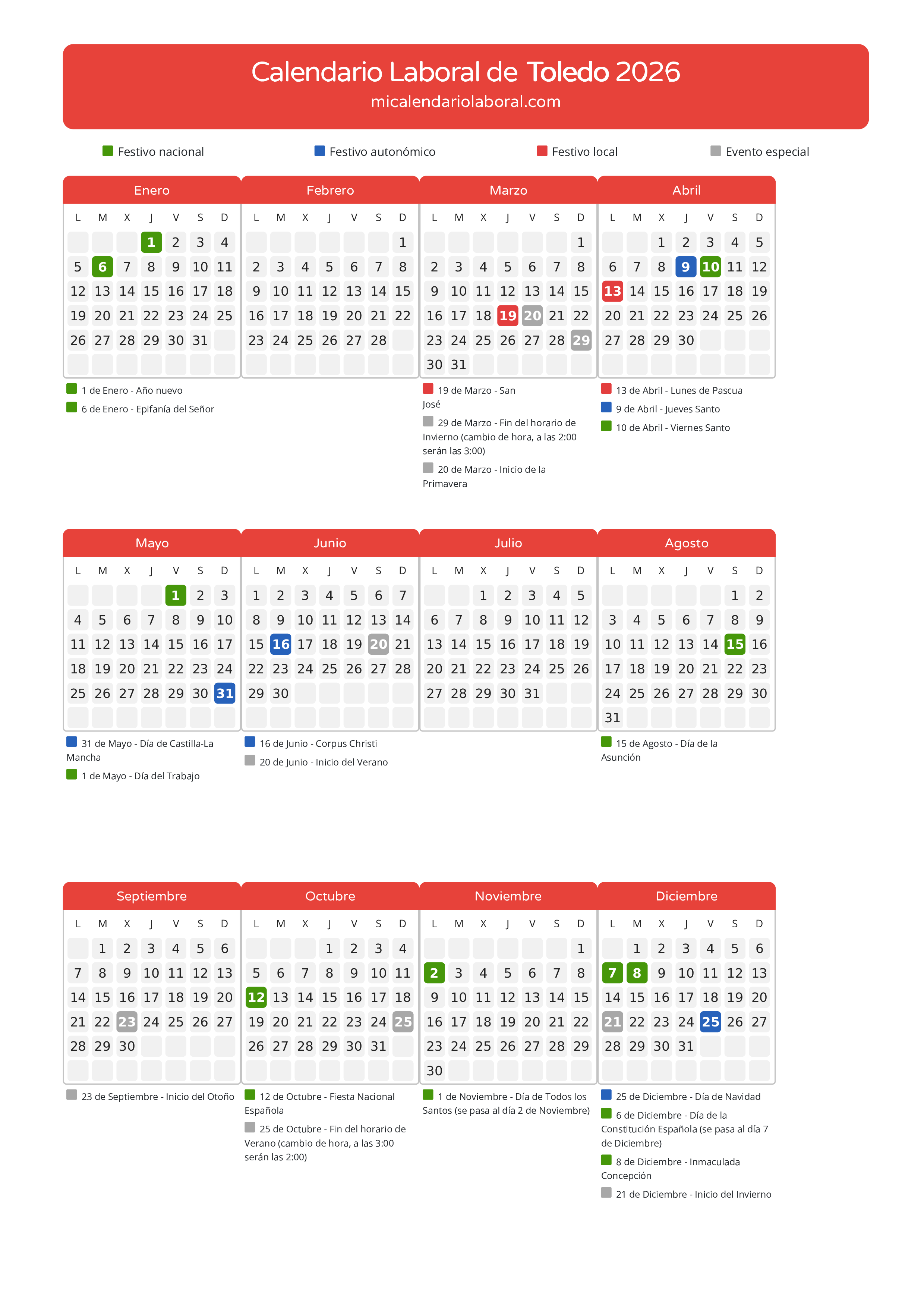 Calendario Laboral de Toledo 2026 - Días festivos - Descubre todos los festivos, días no laborables y días inhábiles en el calendario de Toledo propuestos por Junta de Comunidades de Castilla-La Mancha. Organiza tus vacaciones y puentes en 2026.