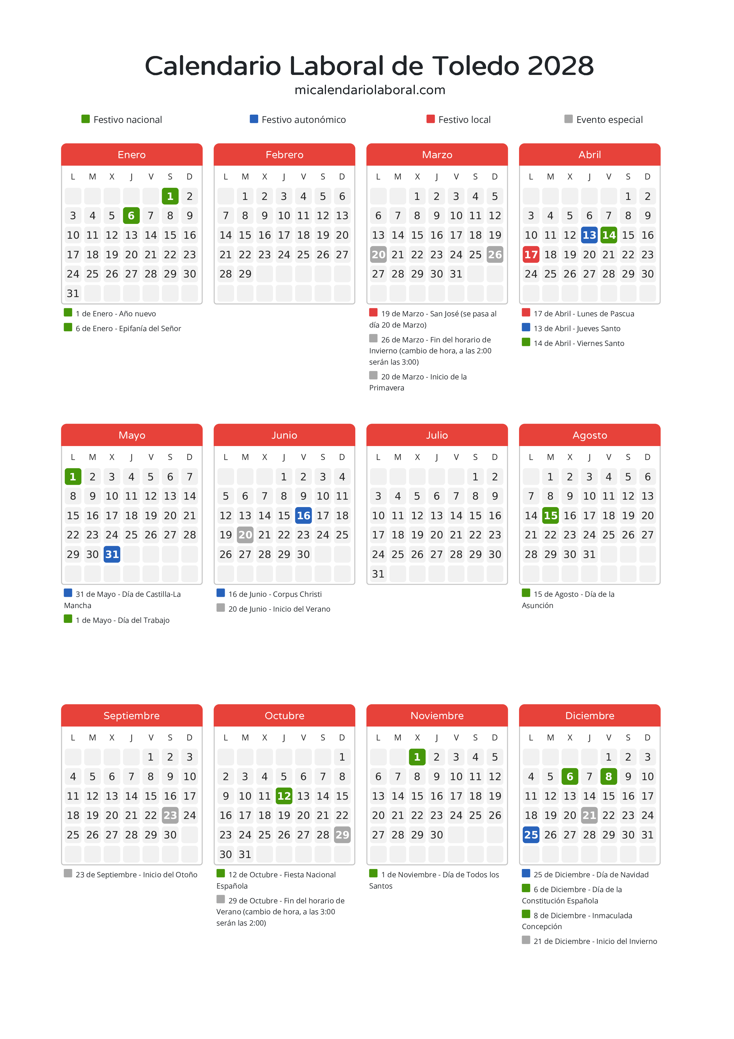 Calendario Laboral de Toledo 2028 - Días festivos - Descubre todos los festivos, días no laborables y días inhábiles en el calendario de Toledo propuestos por Junta de Comunidades de Castilla-La Mancha. Organiza tus vacaciones y puentes en 2028.