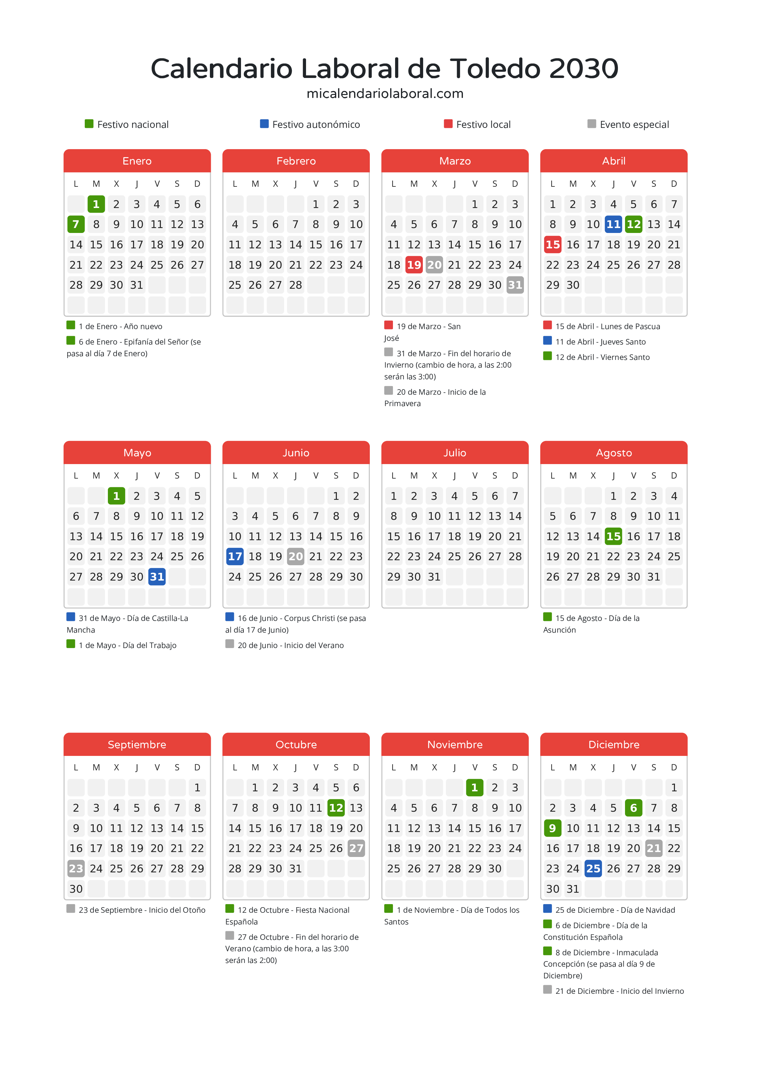Calendario Laboral de Toledo 2030 - Días festivos - Todos los festivos y días no laborables del calendario de Toledo propuestos por Junta de Comunidades de Castilla-La Mancha. Organiza tus vacaciones y puentes en 2030.