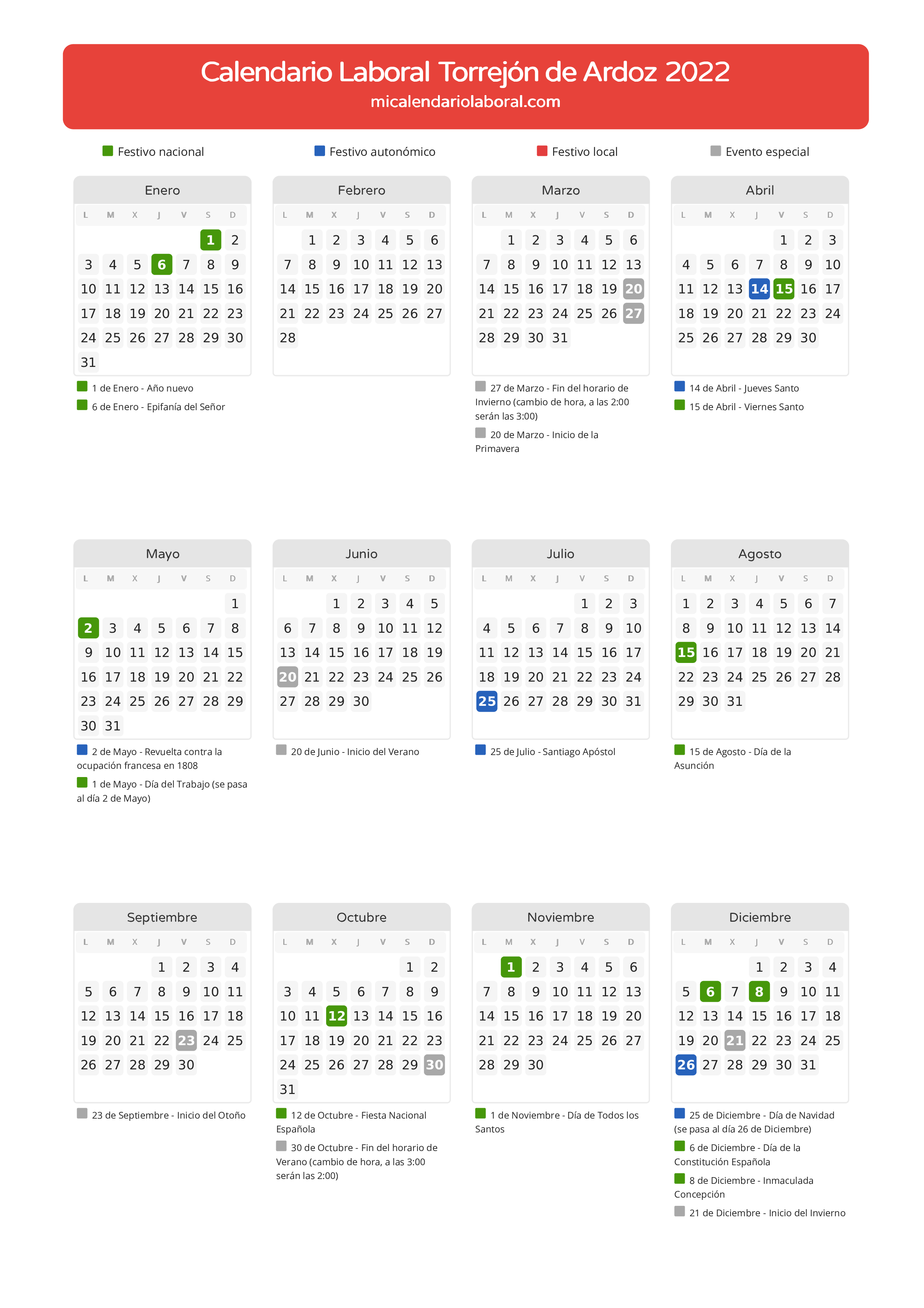 Calendario Laboral de Torrejón de Ardoz 2022 - Días festivos - Todos los festivos y días no laborables del calendario de Torrejón de Ardoz propuestos por Gobierno de la Comunidad de Madrid. Organiza tus vacaciones y puentes en 2022.