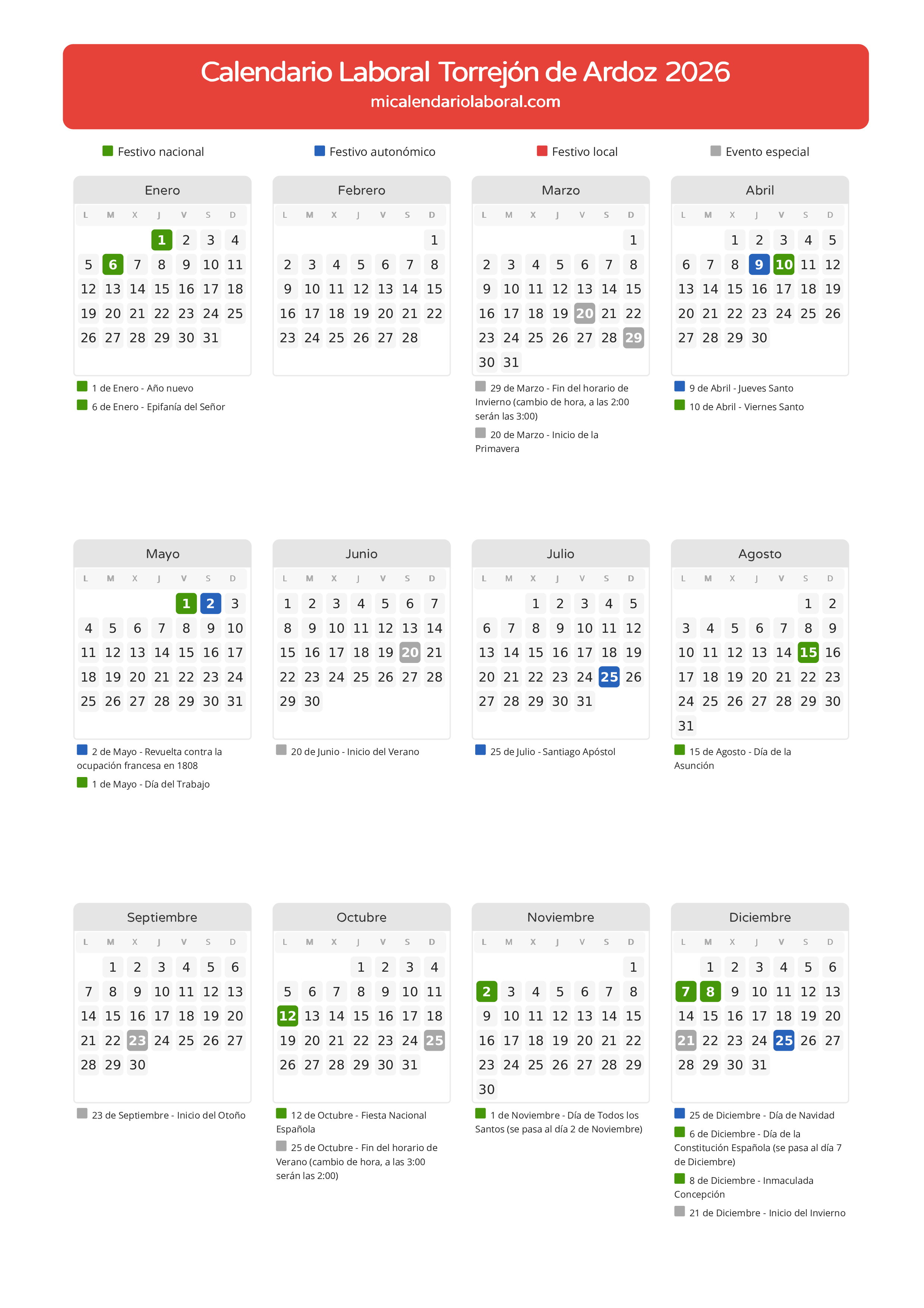 Calendario Laboral de Torrejón de Ardoz 2026 - Días festivos - Todos los festivos y días no laborables del calendario de Torrejón de Ardoz propuestos por Gobierno de la Comunidad de Madrid. Organiza tus vacaciones y puentes en 2026.