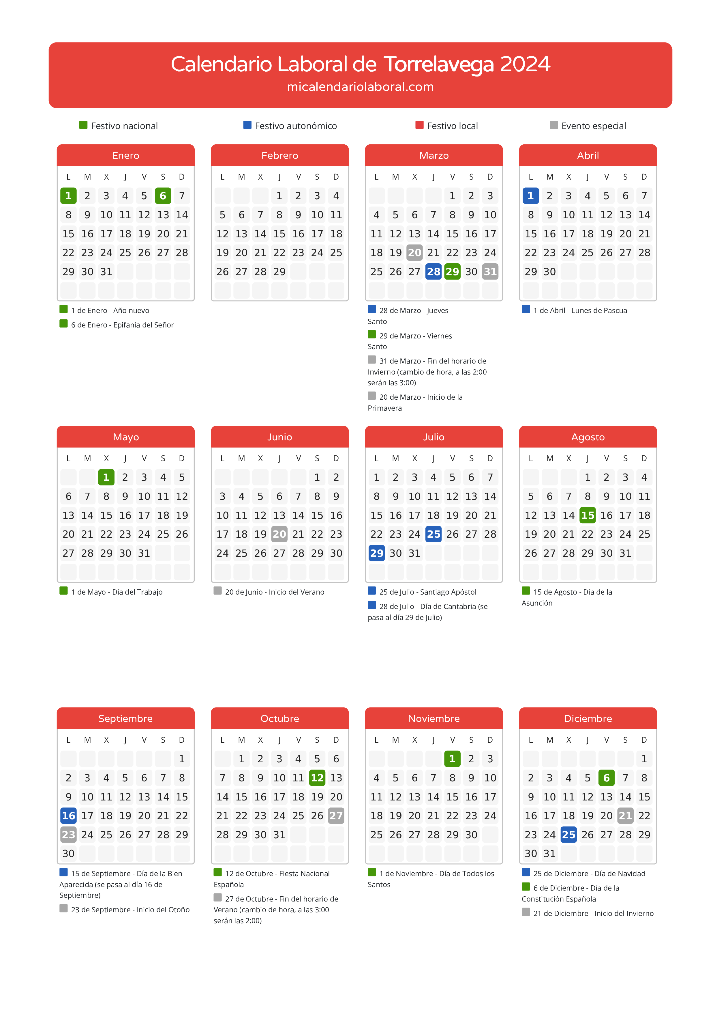 Calendario Laboral de Torrelavega 2024 - Días festivos - Descubre todos los festivos, días no laborables y días inhábiles en el calendario de la provincia de Torrelavega propuestos por Gobierno de Cantabria. Anticípate a los eventos y organiza tus vacaciones y puentes en 2024.