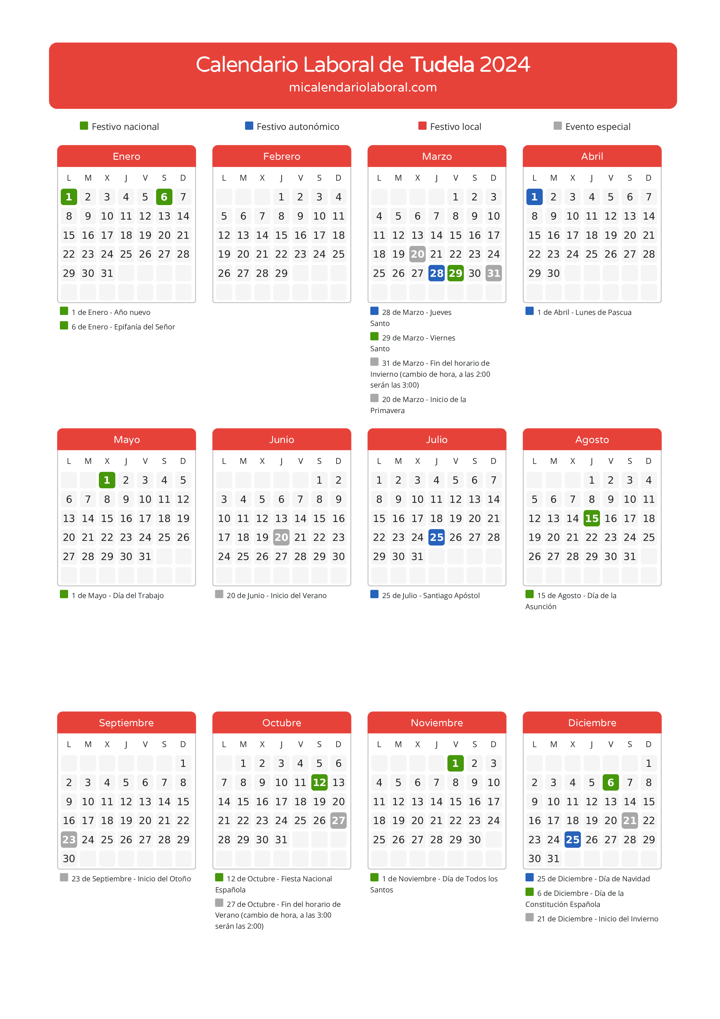 Calendario Laboral de Tudela 2024 - Días festivos - Descubre todos los festivos, días no laborables y días inhábiles en el calendario de la provincia de Tudela propuestos por Gobierno de Navarra. Anticípate a los eventos y organiza tus vacaciones y puentes en 2024.