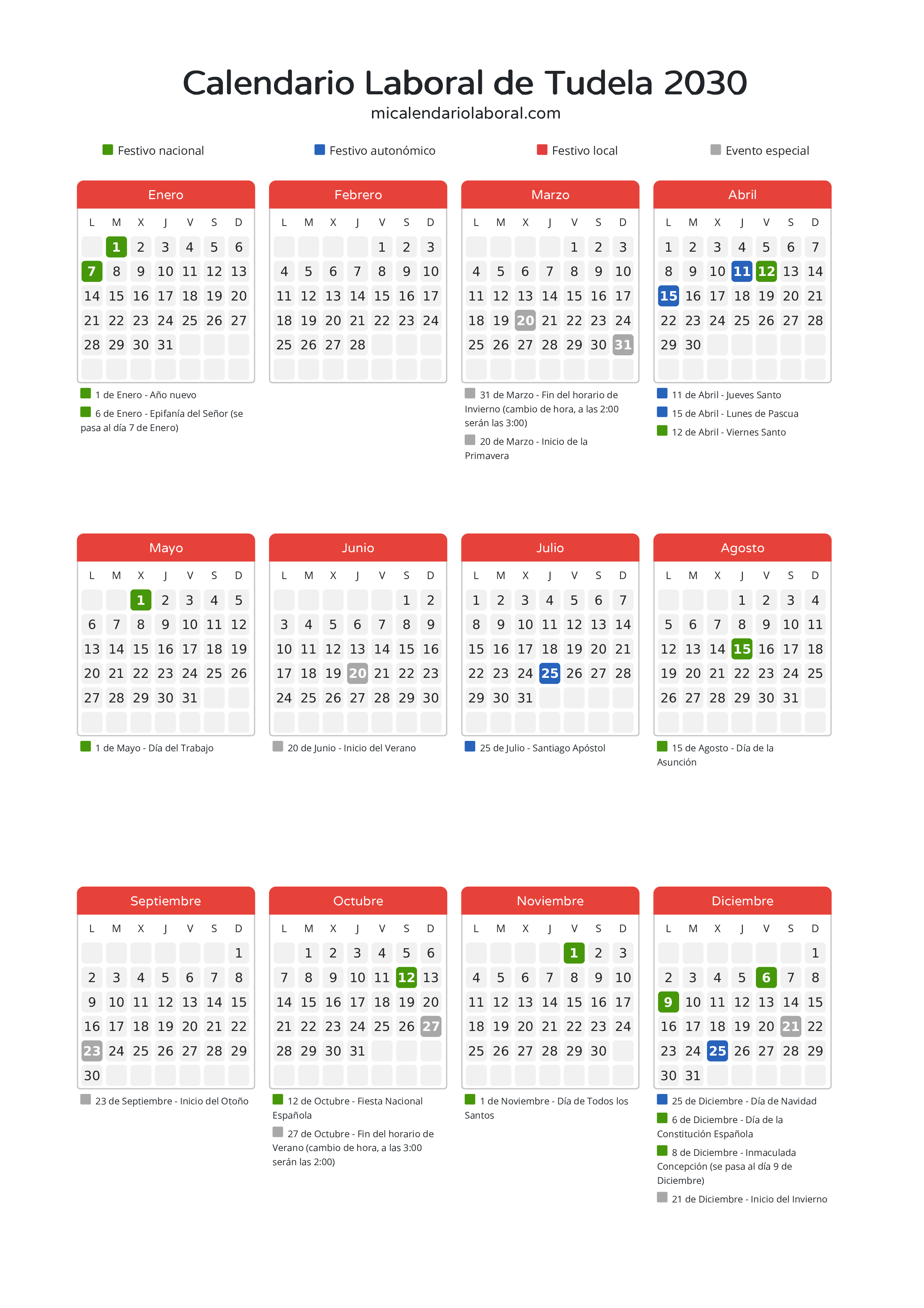 Calendario Laboral de Tudela 2030 - Días festivos - Todos los festivos y días no laborables del calendario de Tudela propuestos por Gobierno de Navarra. Organiza tus vacaciones y puentes en 2030.