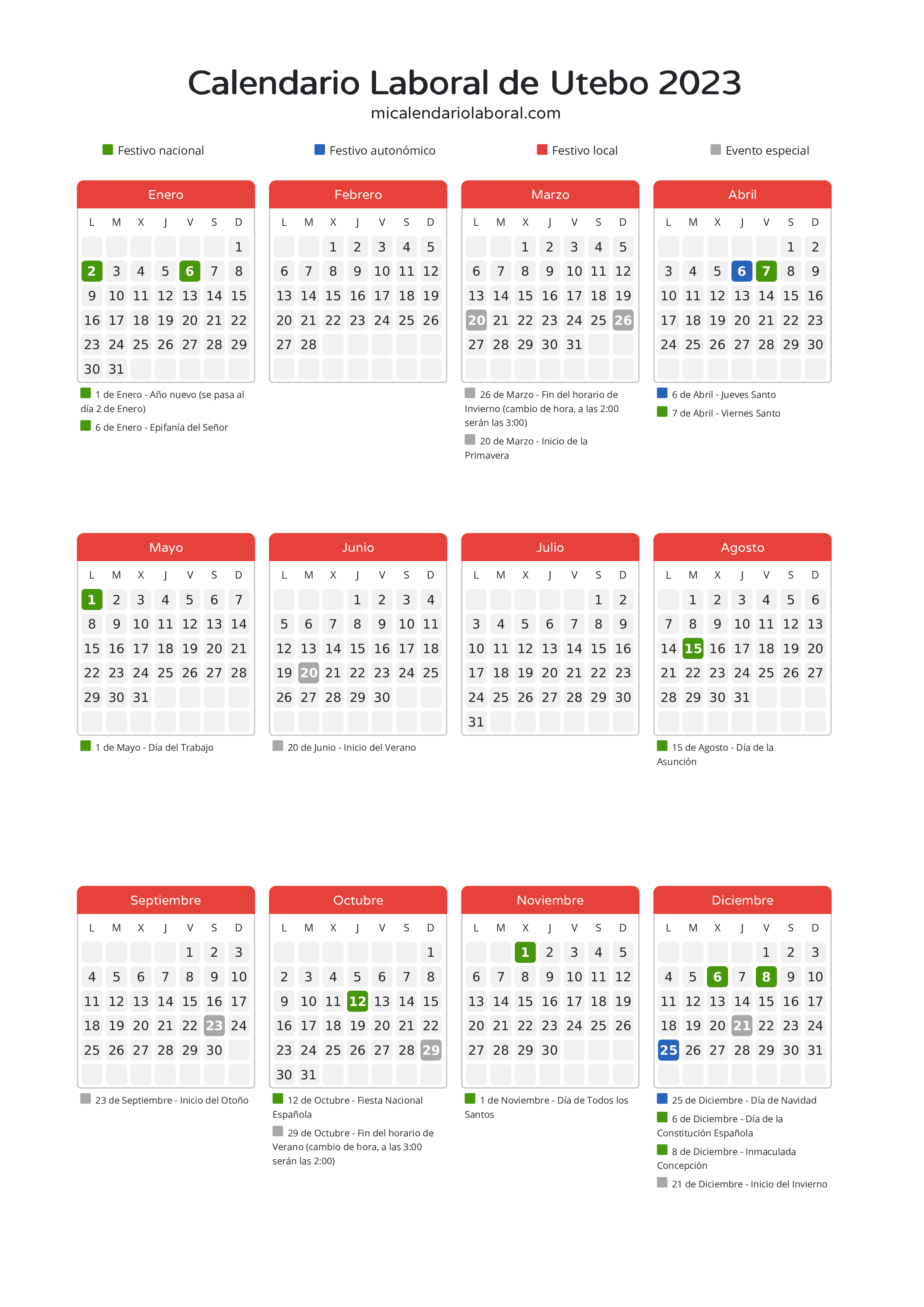 Calendario Laboral de Utebo 2023 - Días festivos - Aquí tienes todos los días festivos, no laborables y días inhábiles de la provincia del calendario de Utebo del año 2023