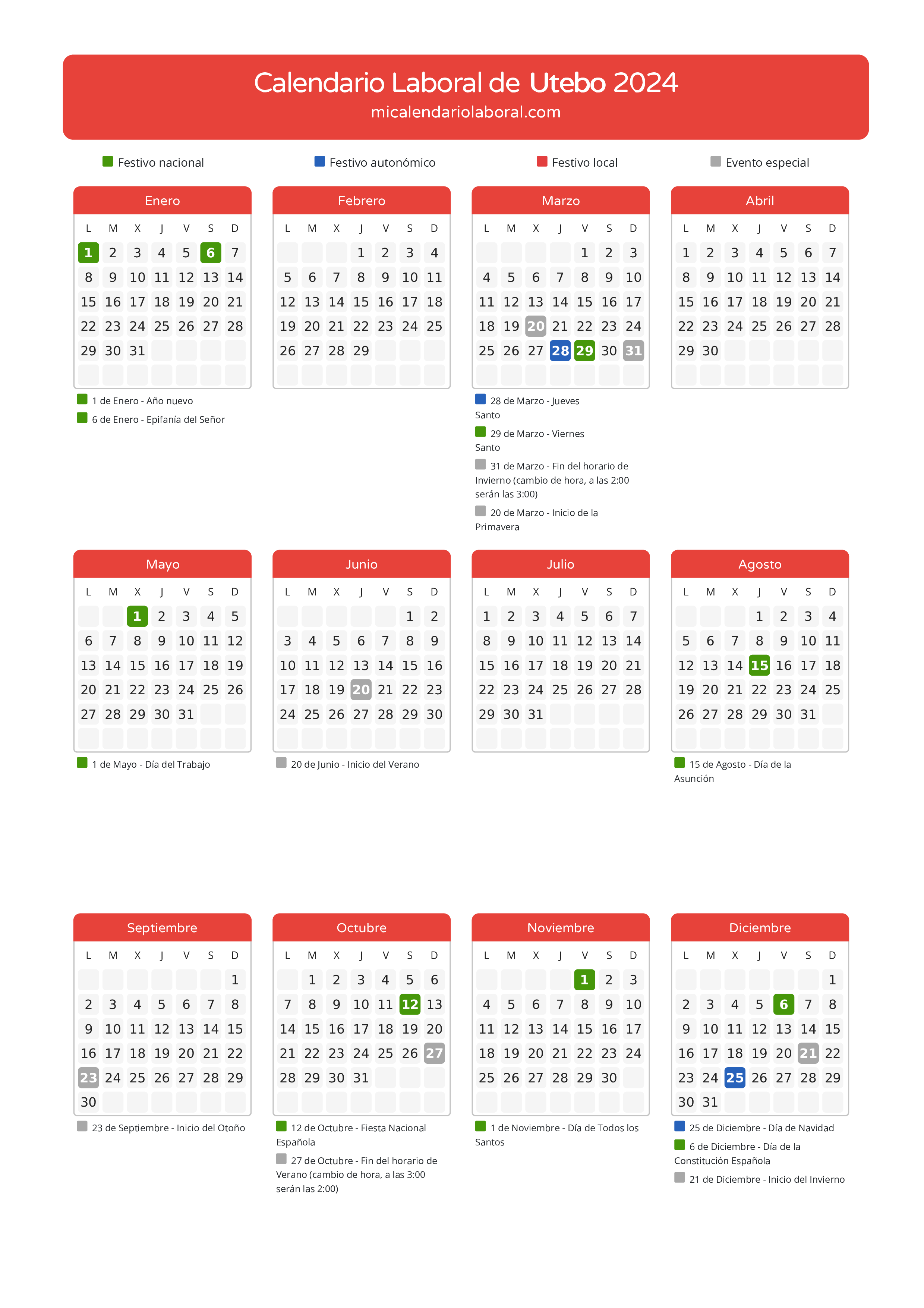 Calendario Laboral de Utebo 2024 - Días festivos - Aquí tienes todos los días festivos, no laborables y días inhábiles de la provincia del calendario de Utebo del año 2024