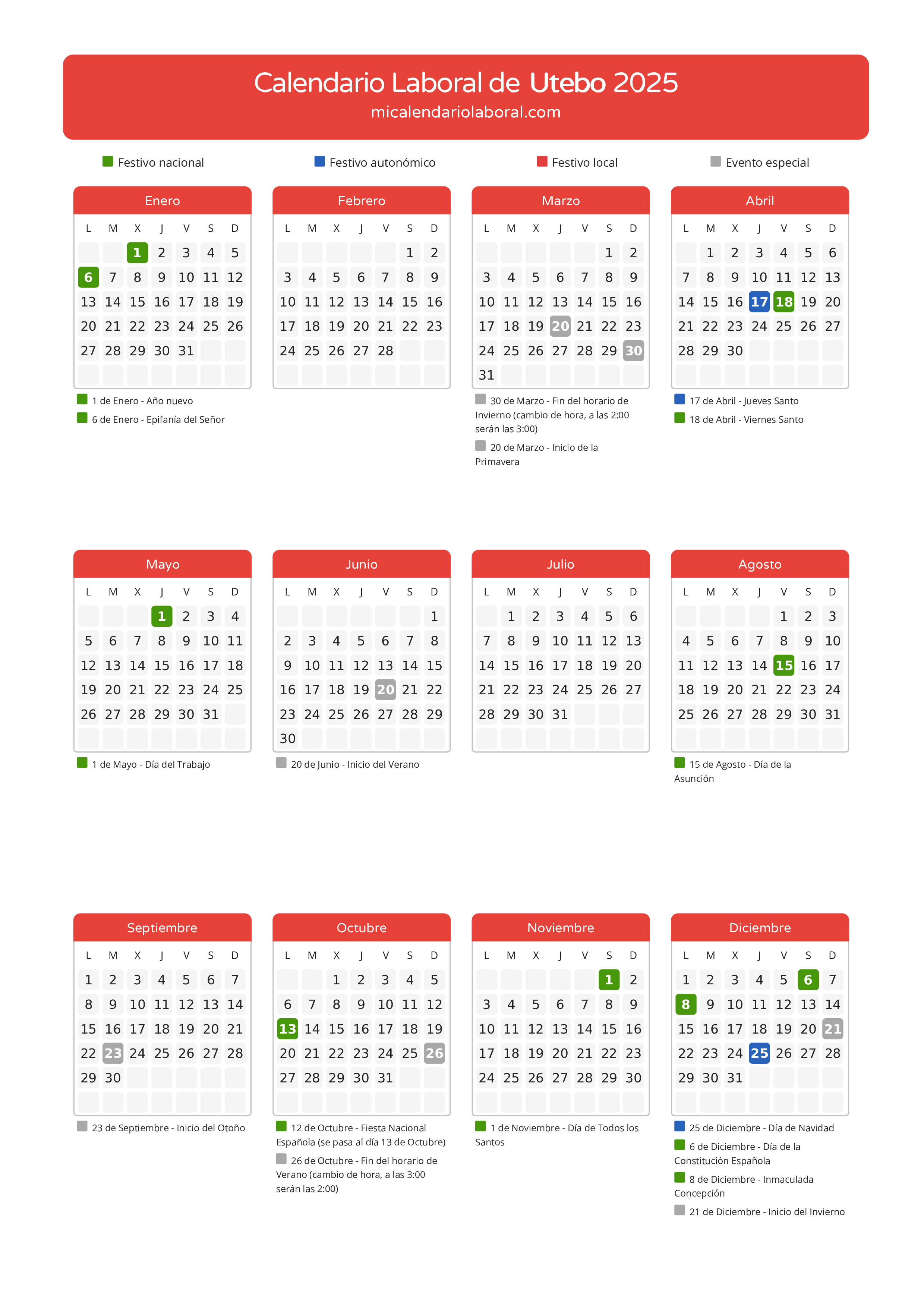 Calendario Laboral de Utebo 2025 - Días festivos - Aquí tienes todos los días festivos, no laborables y días inhábiles de la provincia del calendario de Utebo del año 2025