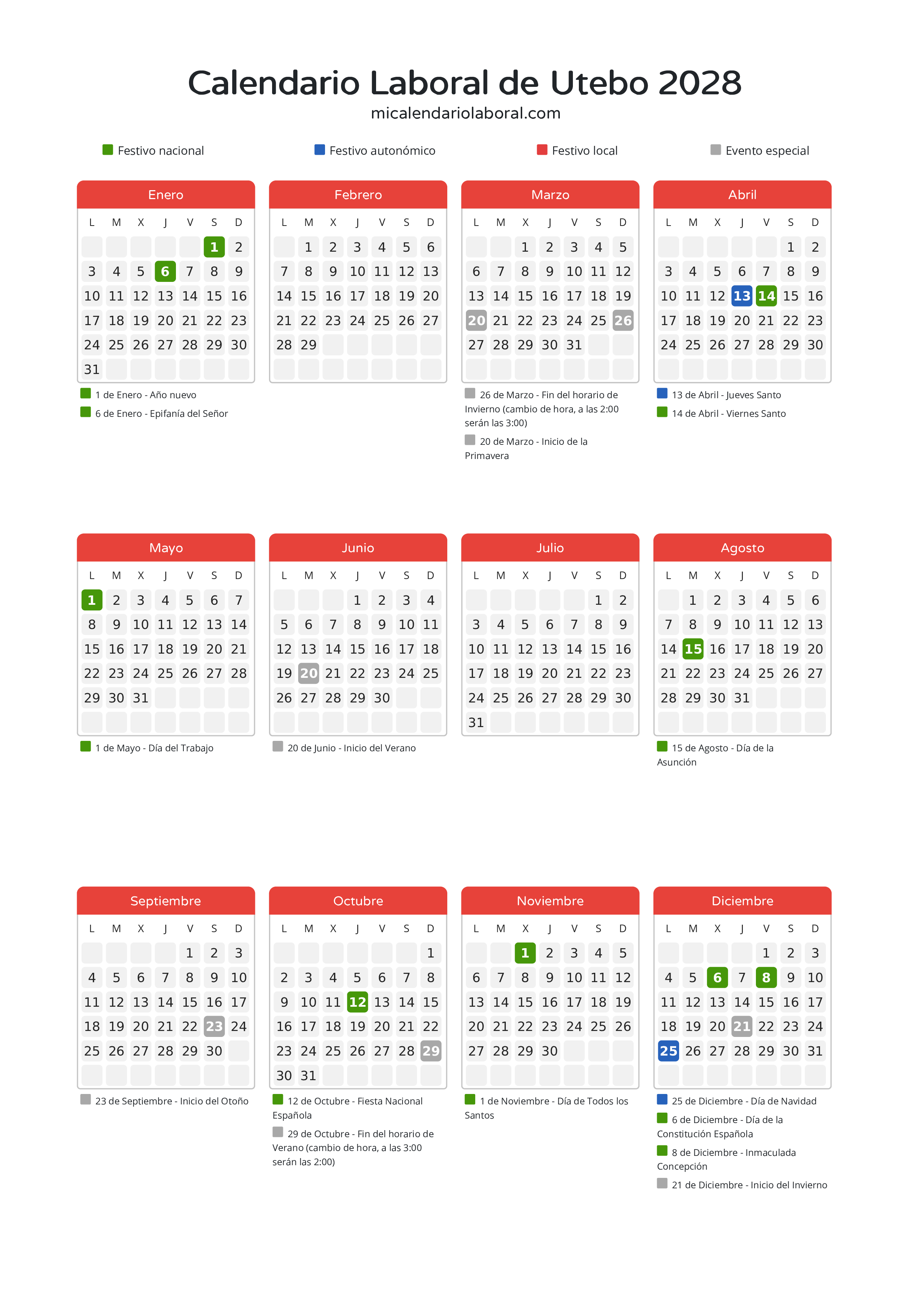 Calendario Laboral de Utebo 2028 - Días festivos - Descubre todos los festivos, días no laborables y días inhábiles en el calendario de Utebo propuestos por Gobierno de Aragón. Organiza tus vacaciones y puentes en 2028.